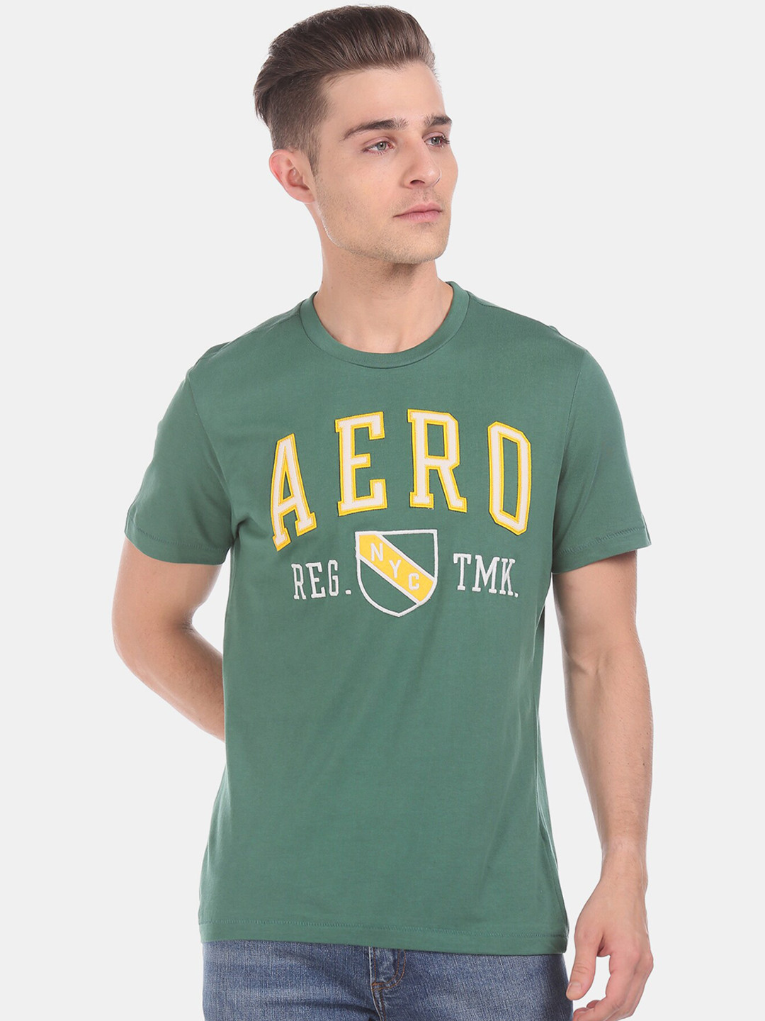 

Aeropostale Men Green Printed Round Neck Pure Cotton T-shirt