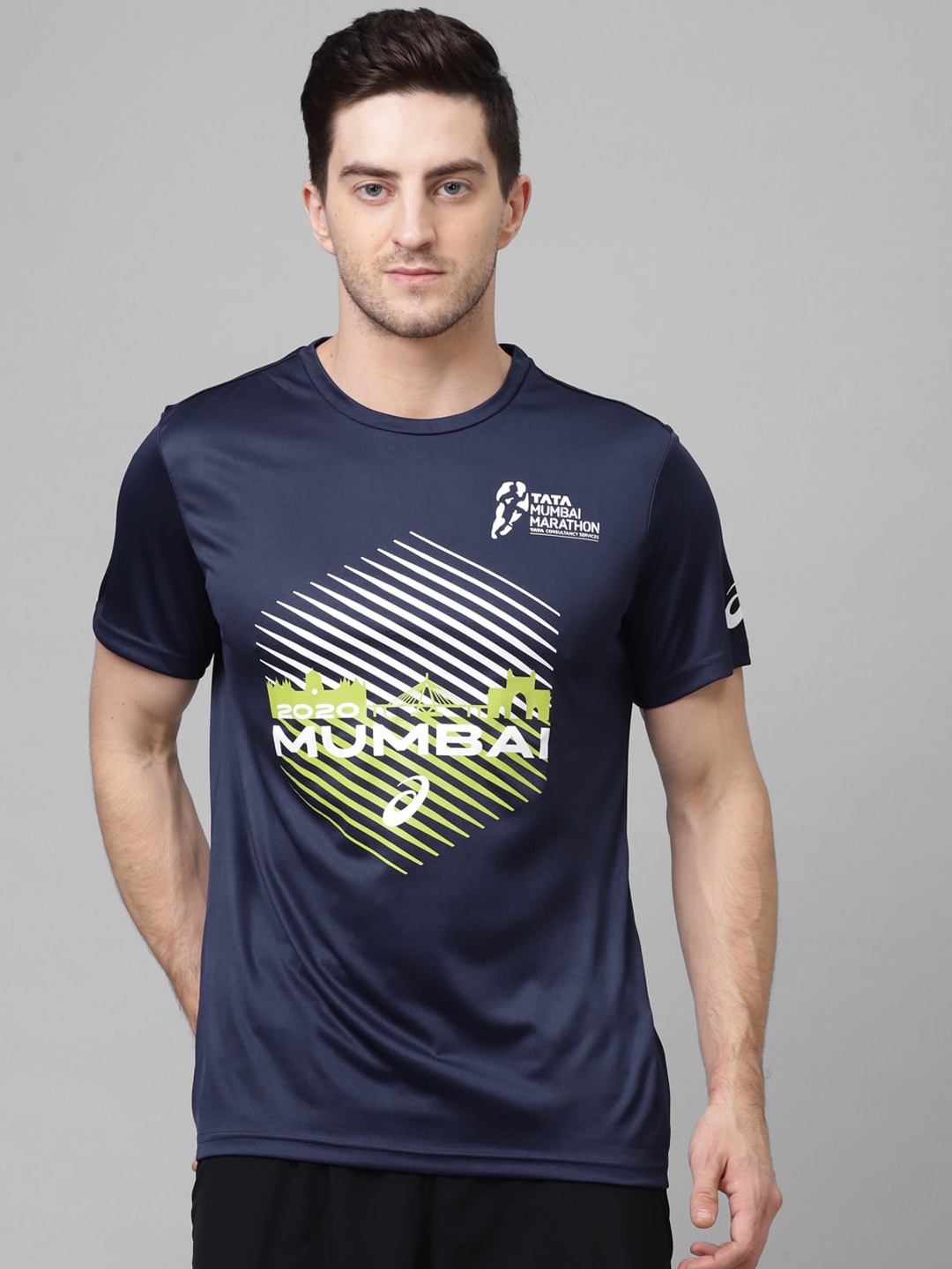 

ASICS Men Navy Blue Yellow Slim Fit Mumbai Graphic T-shirt