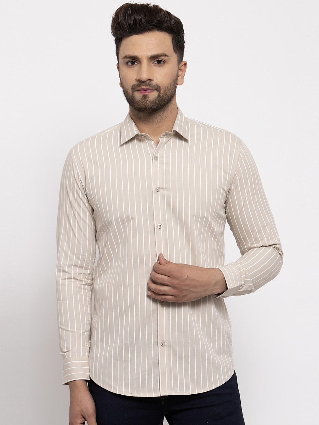 

JAINISH Men Cream-Coloured Regular Fit Striped CottonCasual Shirt