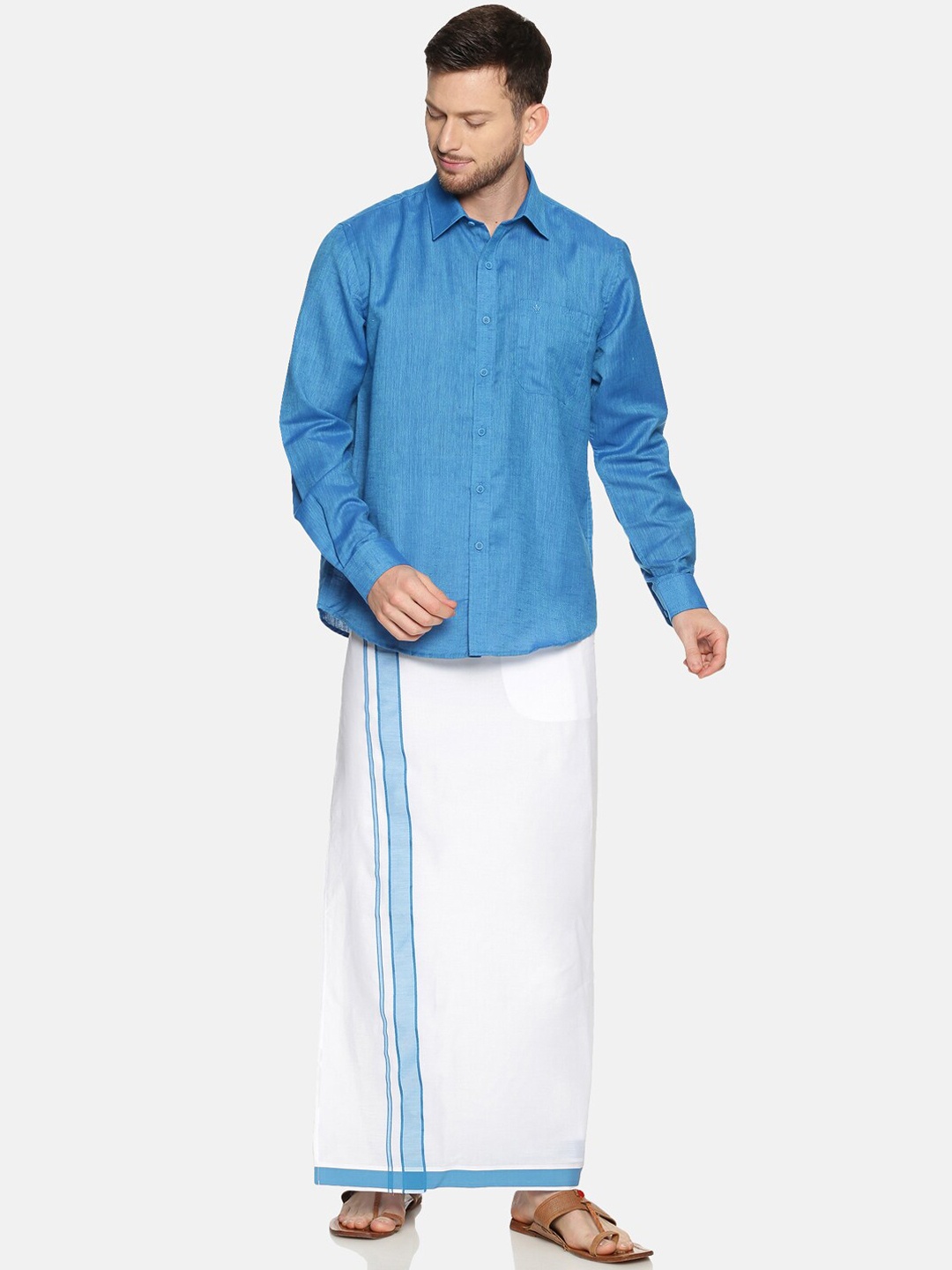 

Ramraj Men Pure Cotton Shirt & Dhoti Set, Blue