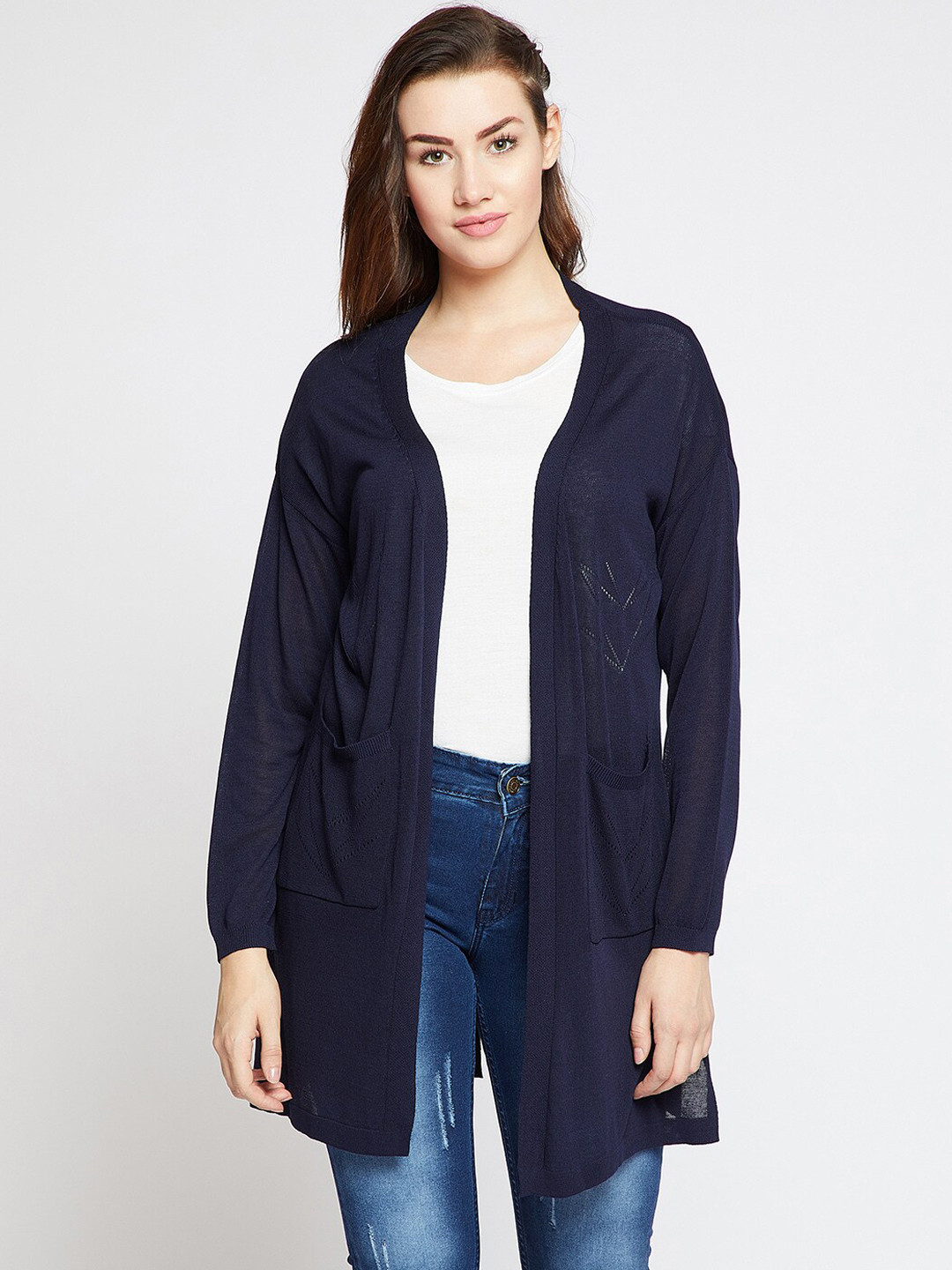 

Carlton London Women Navy Blue Solid Open Front Shrug