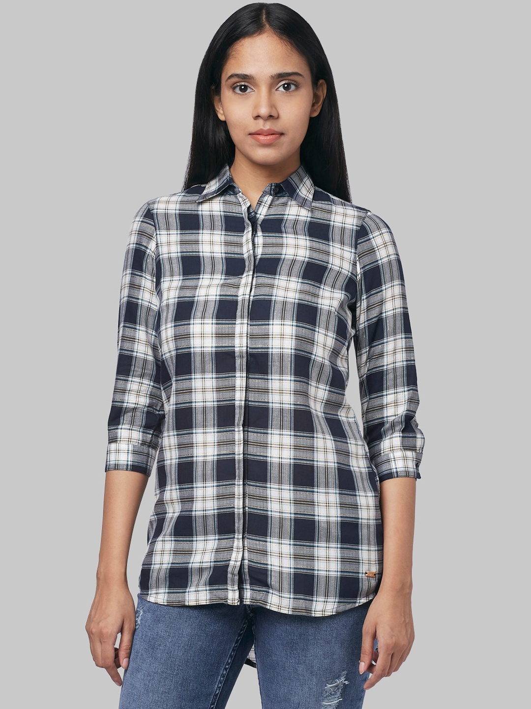 

Park Avenue Woman Women Blue Checked Shirt Style Pure Cotton Top