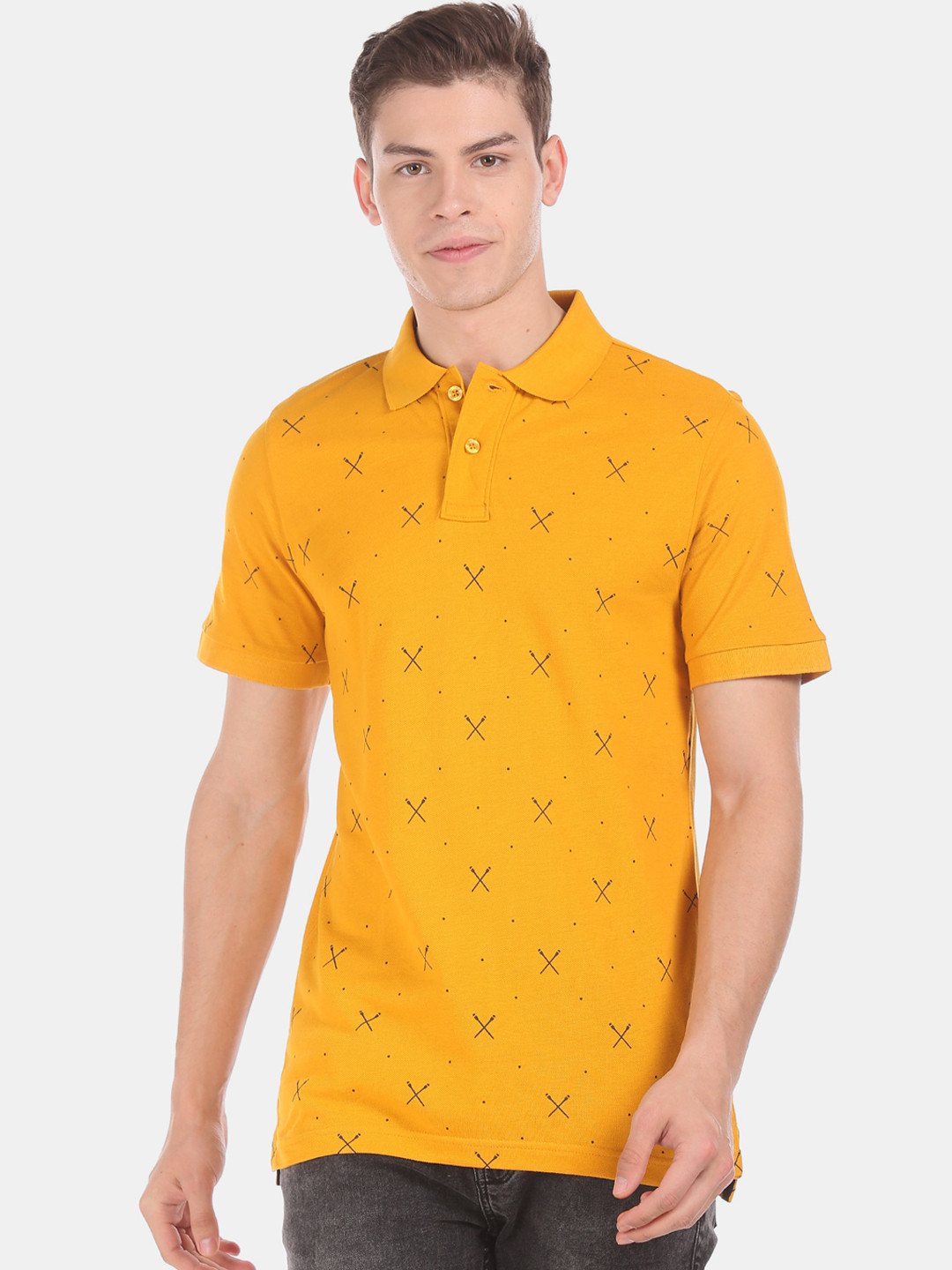 

Aeropostale Men Mustard Yellow Printed Polo Collar Pure Cotton T-shirt