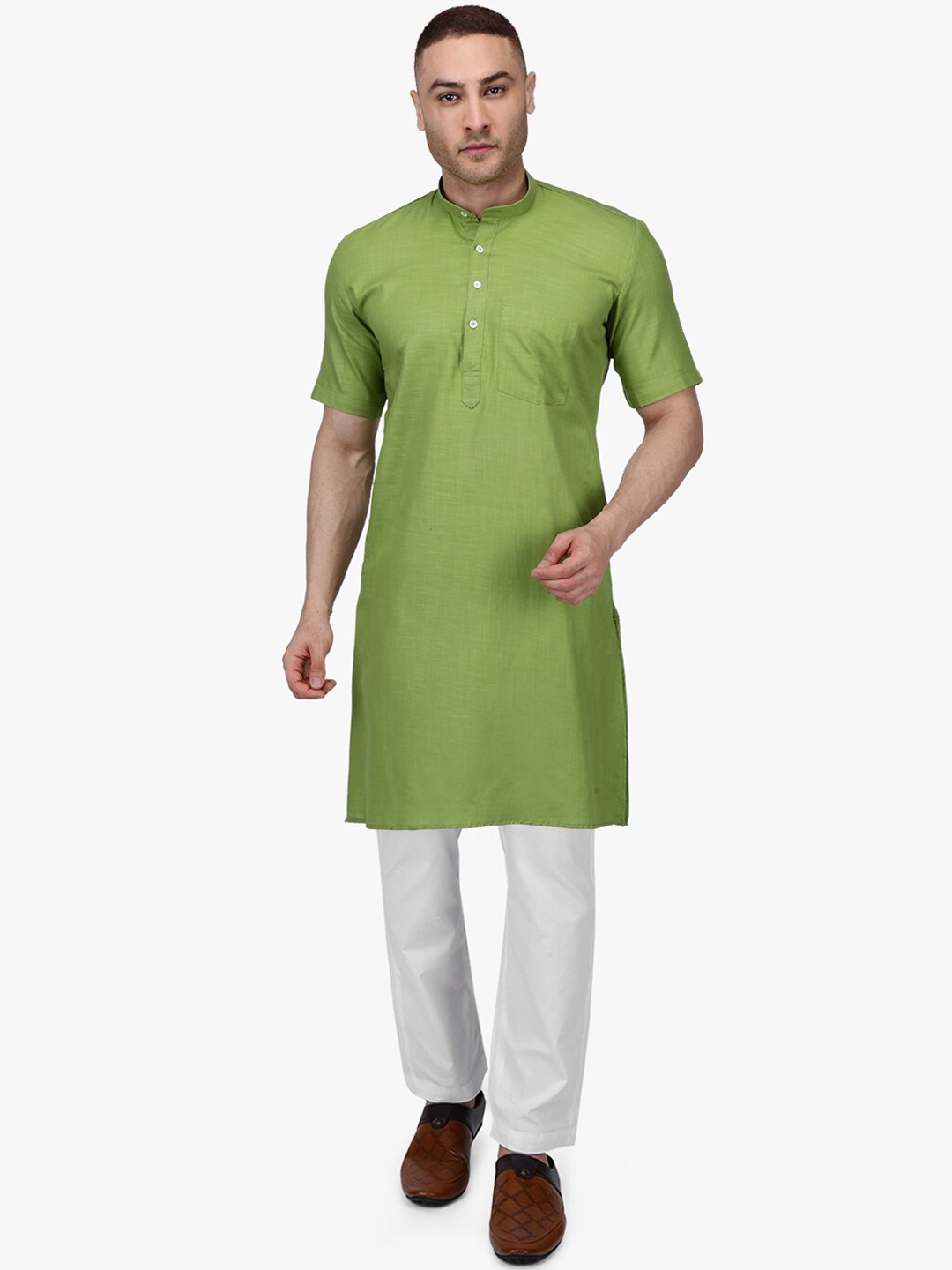 

RAJUBHAI HARGOVINDAS Men Olive Green Solid Pathani Kurta