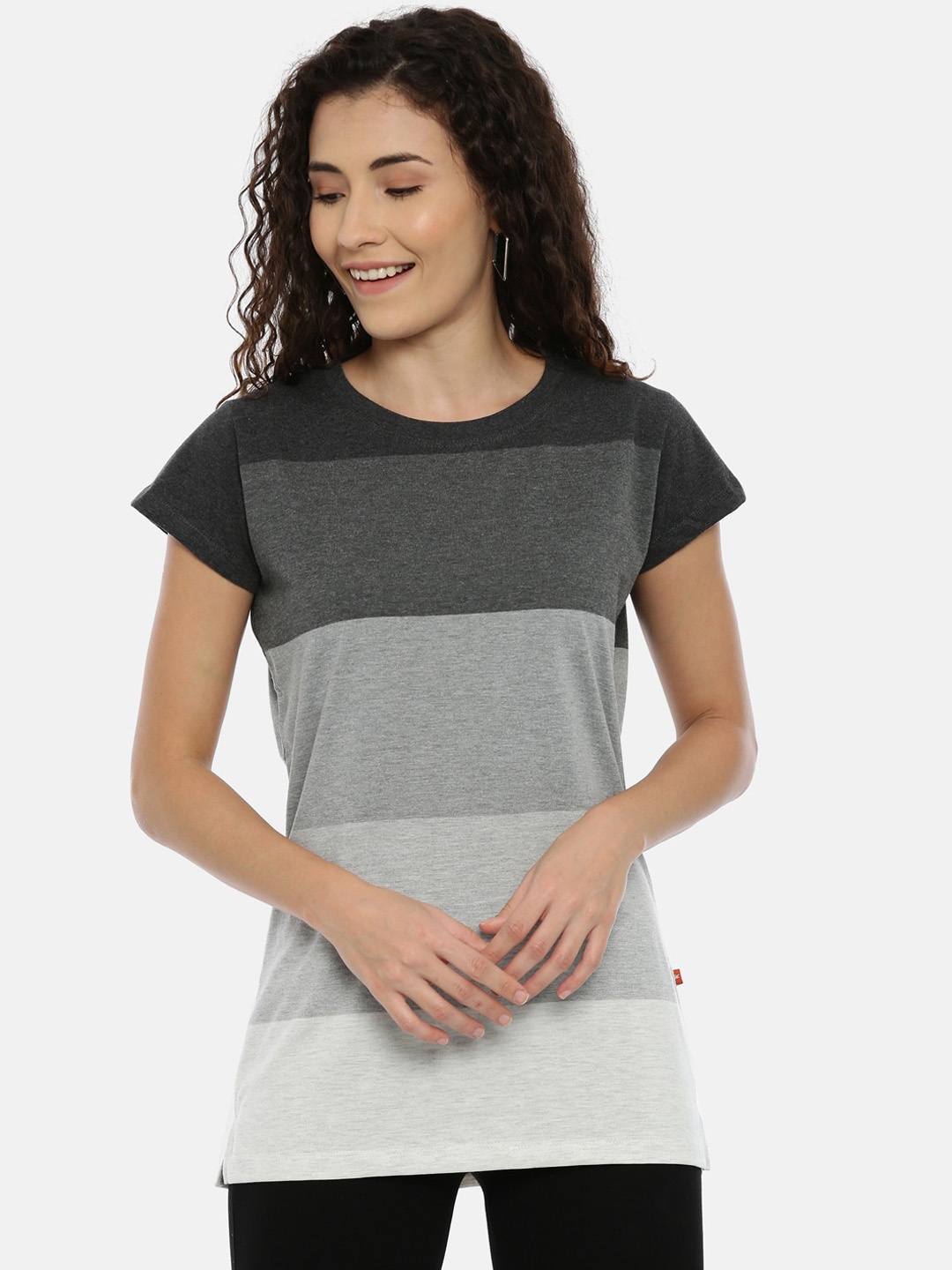 

GOLDSTROMS Women Charcoal Colourblocked Round Neck T-shirt