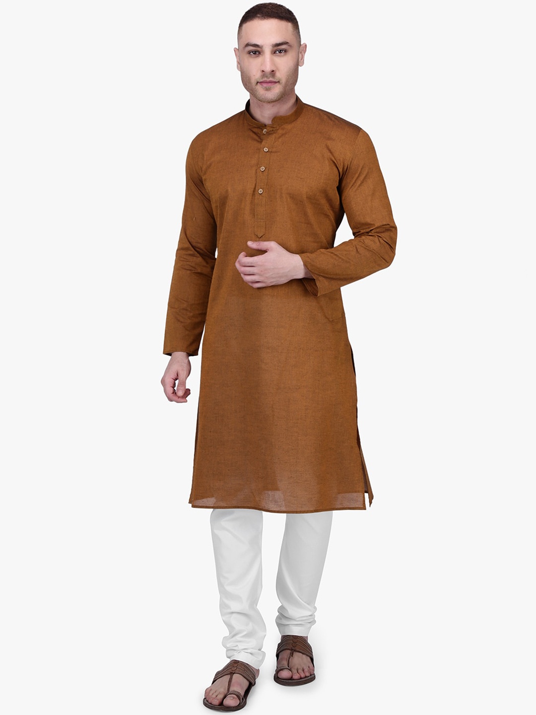 RAJUBHAI HARGOVINDAS Men Brown Solid Straight Kurta with Churidar