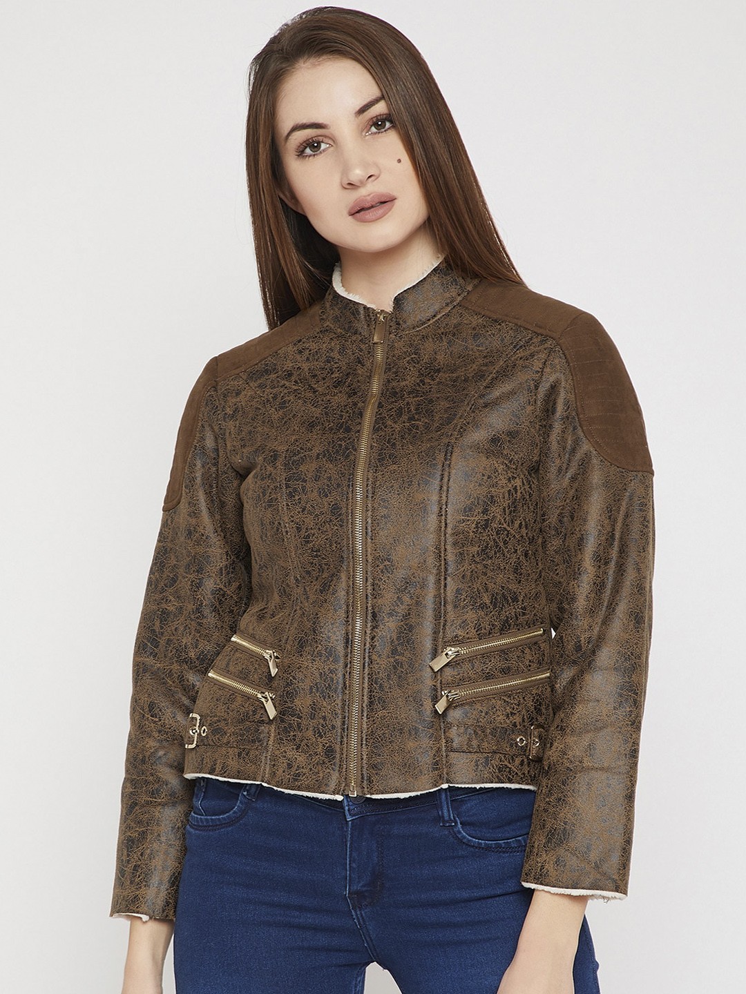 

Carlton London Women Brown Solid Biker Jacket