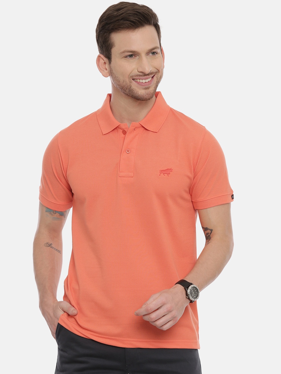 

Bushirt Men Coral Orange Solid Polo Collar Pure Cotton T-shirt