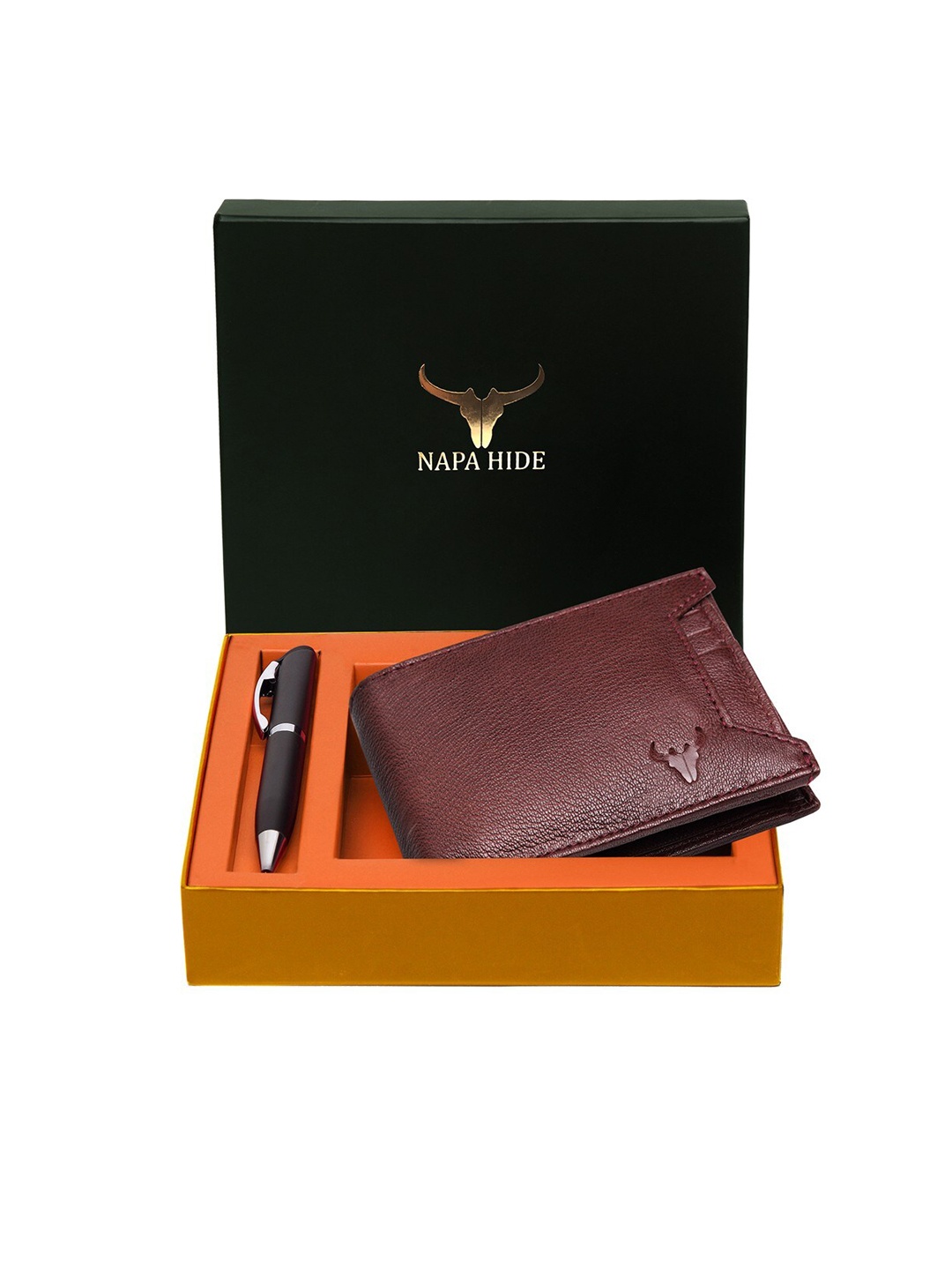 

NAPA HIDE Men RFID Protected Genuine High Quality Leather Wallet & Pen Accessory Gift Set, Maroon