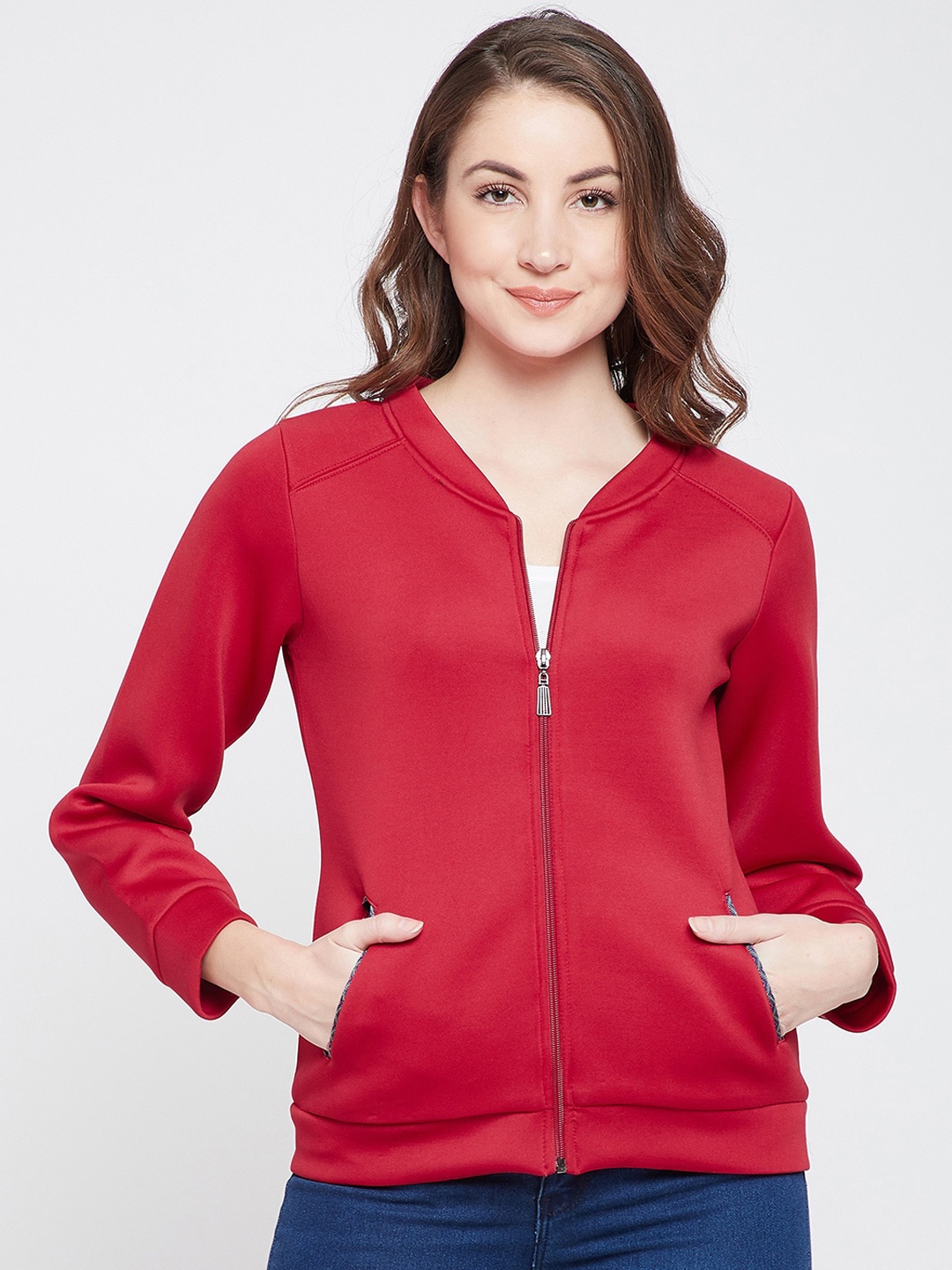 

Carlton London Women Red Solid Bomber Jacket