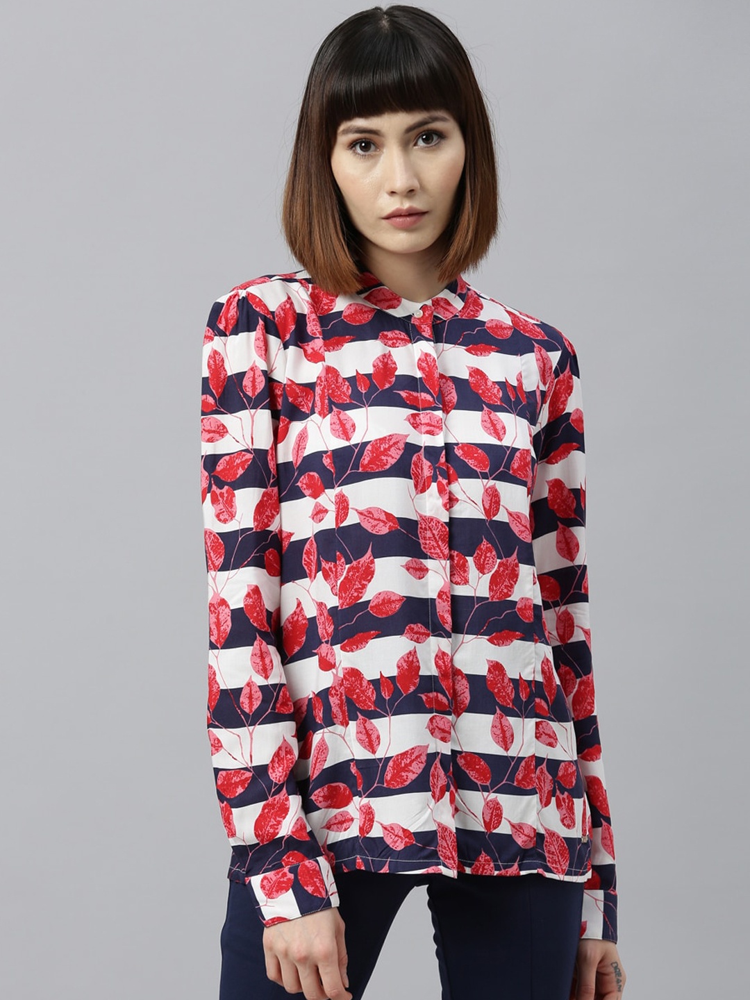 

Park Avenue Woman Women Navy Blue & Red Striped Floral Print Shirt-Style Top