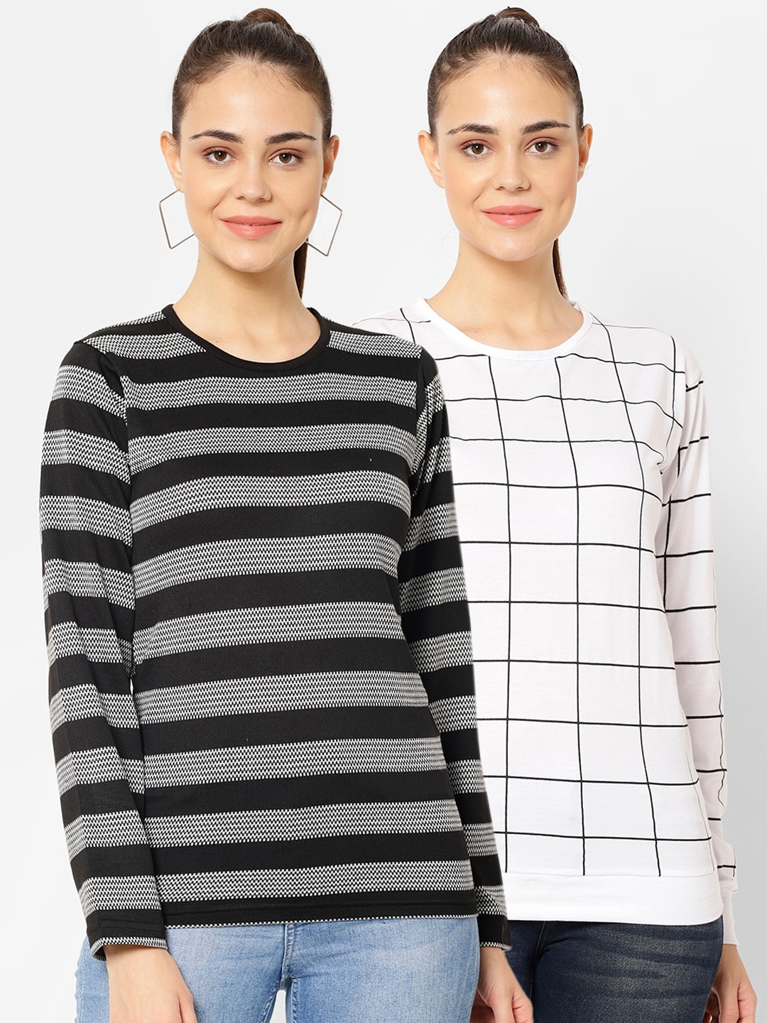 

MACK JONNEY Women Multicoloured Checked Hood T-shirt, Multi