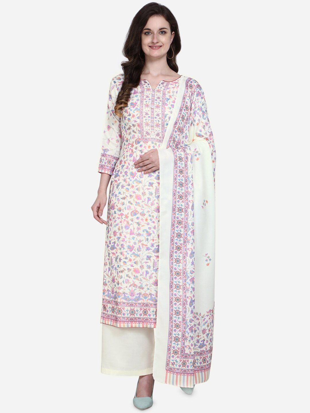 

Stylee LIFESTYLE Cream-Coloured & Purple Silk Blend Unstitched Dress Material