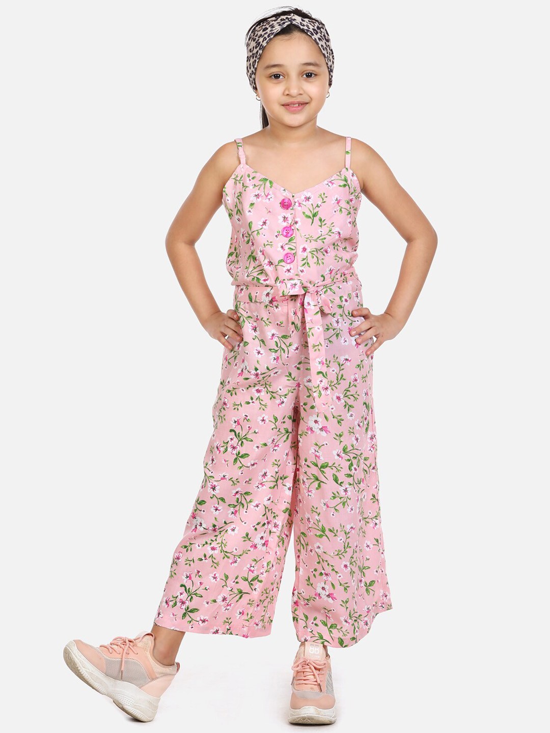 

LilPicks Girls Pink Floral Printed Culotte Jumpsuit