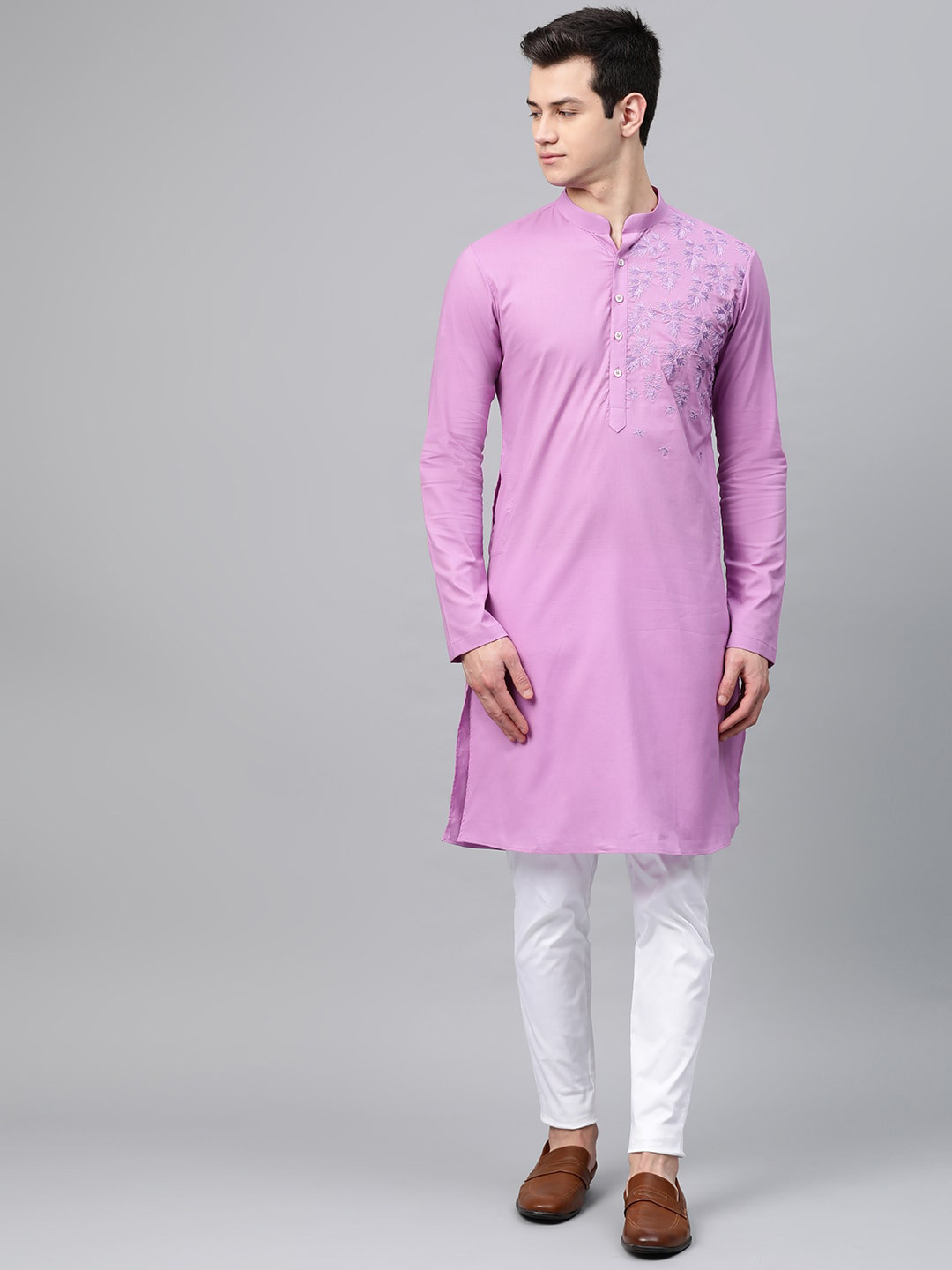 

See Designs Men Lavender & White Embroidered Kurta with Trousers