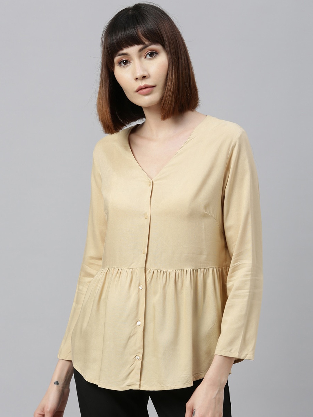 

Park Avenue Woman Beige Solid Shirt Style Top