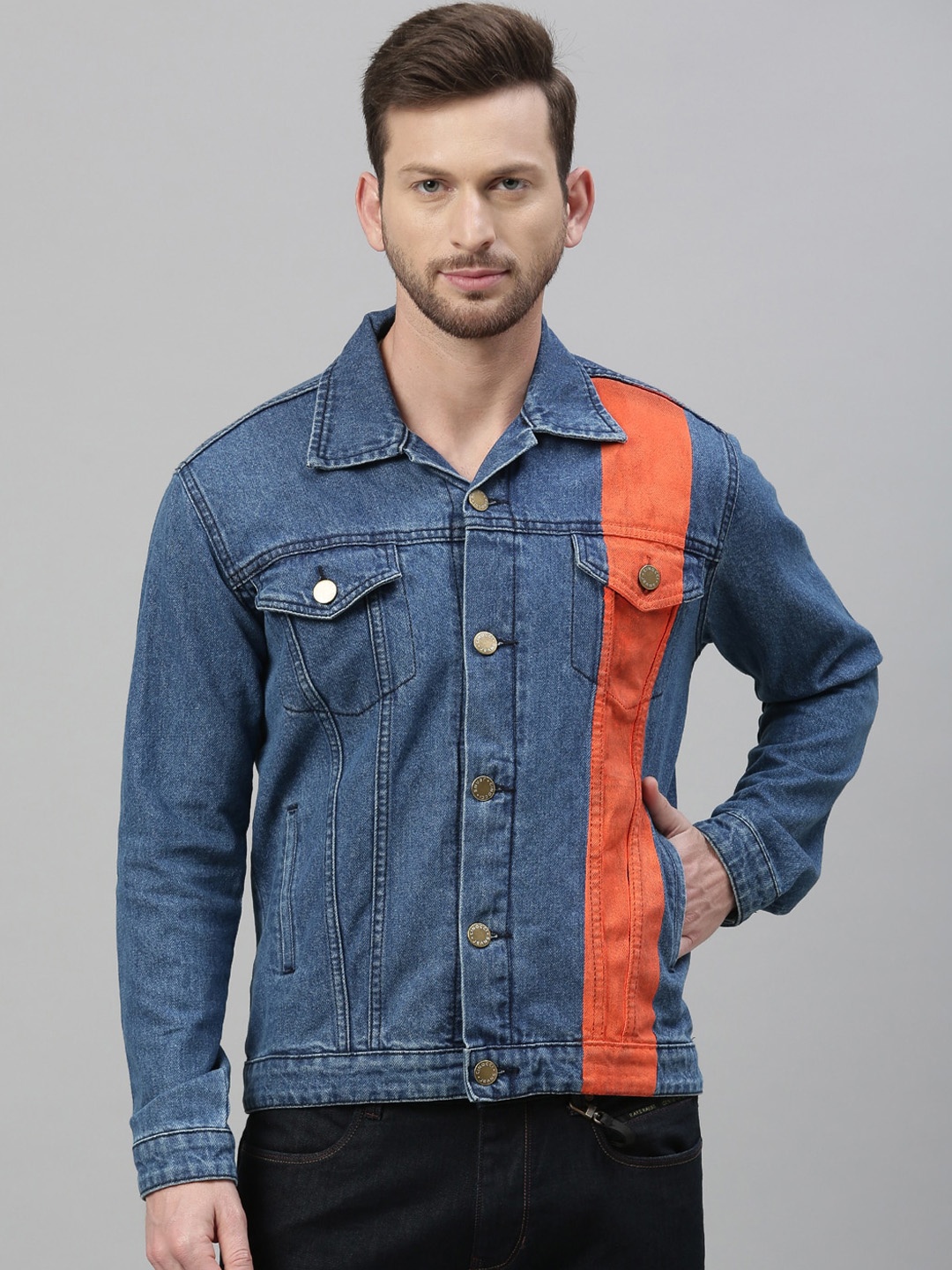 

CINOCCI Men Blue & Orange Colourblocked Denim Jacket