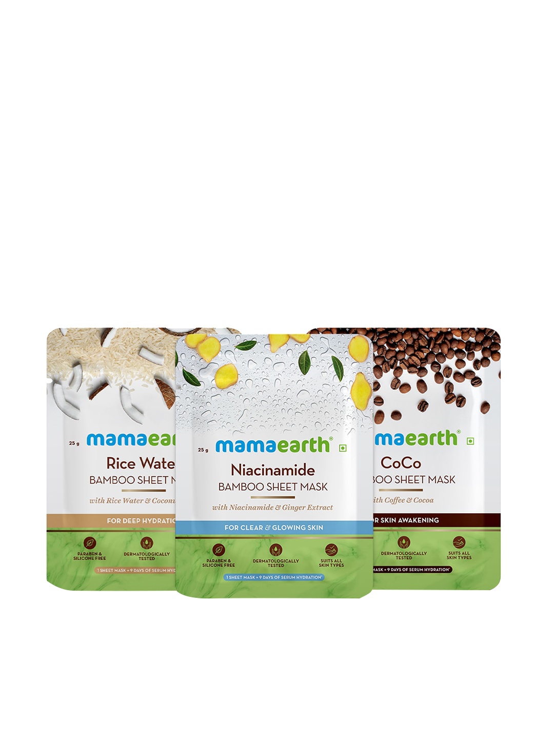 

Mamaearth 3 Packs Rice Water Niacinamide & Coco Bamboo Sheet Masks 25g each, White