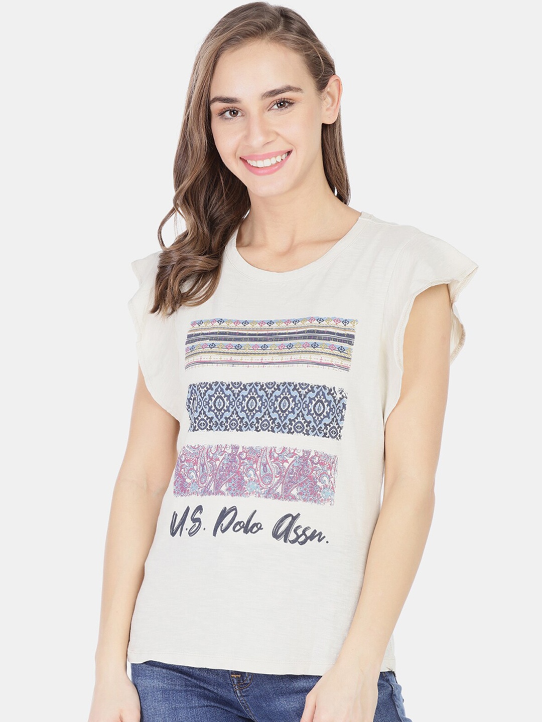 

U.S. Polo Assn. Women Beige & Blue Printed Top