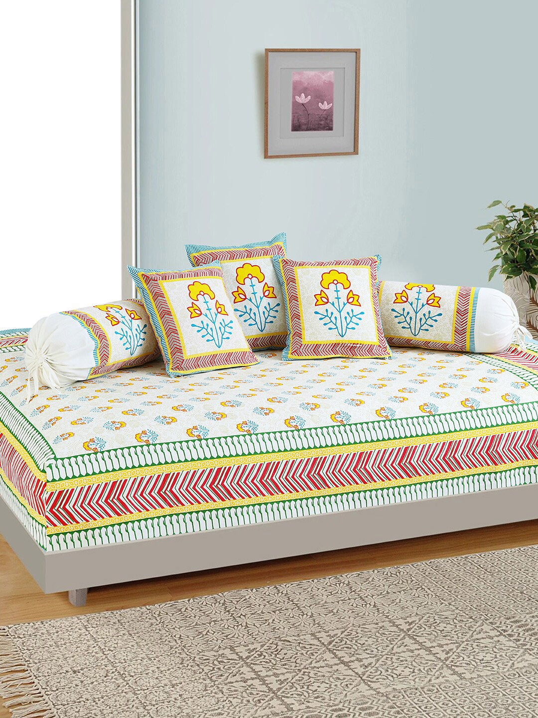 

Salona Bichona Set Of 6 Off-White & Blue Printed 120 TC Bedsheet With Bolster & Cushion Covers