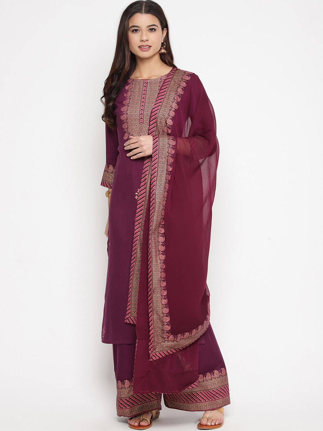 

Prakhya Women Purple Embroidered Kurta with Trousers & Dupatta