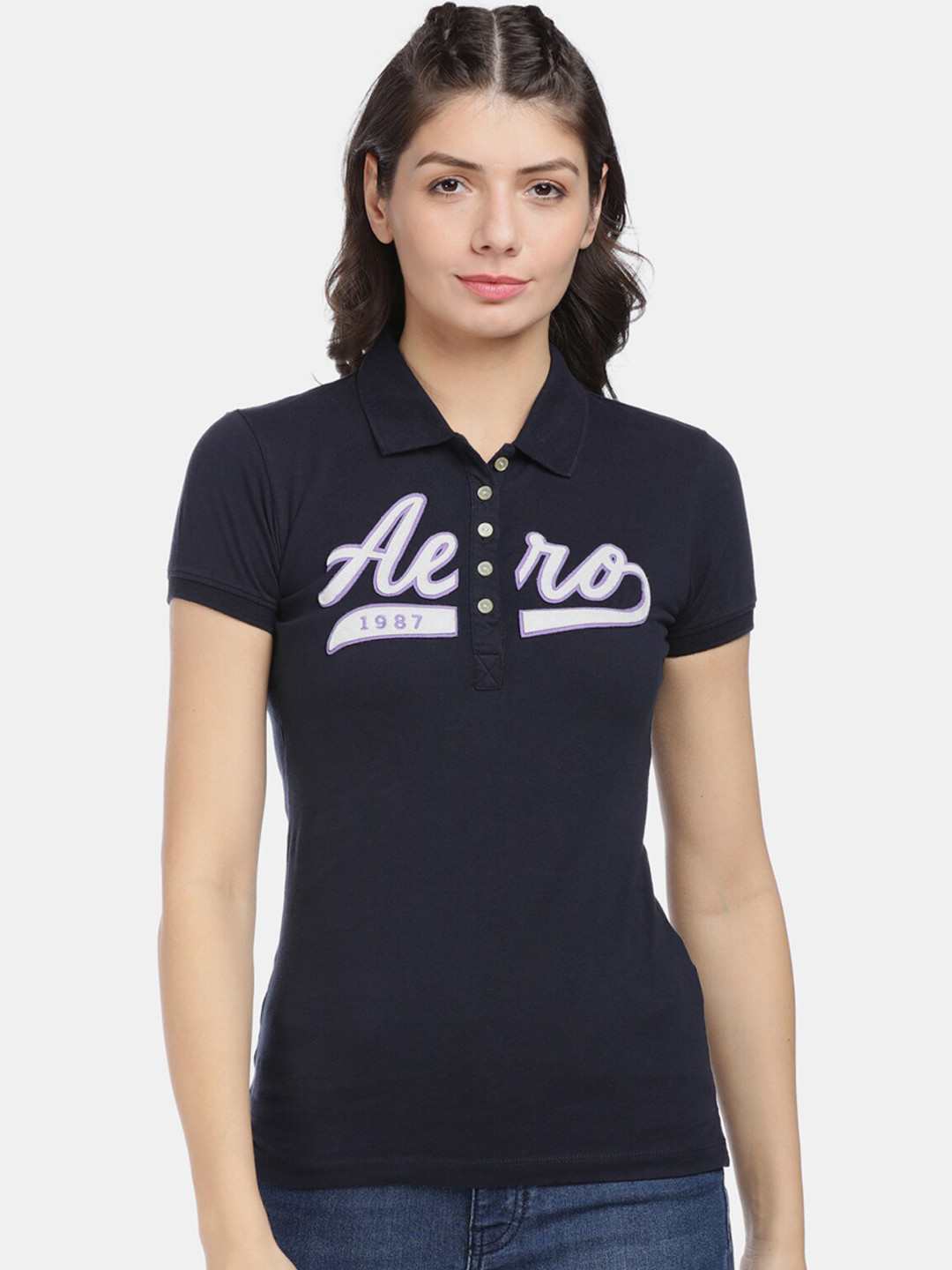 

Aeropostale Women Navy Blue Printed Polo Collar T-shirt