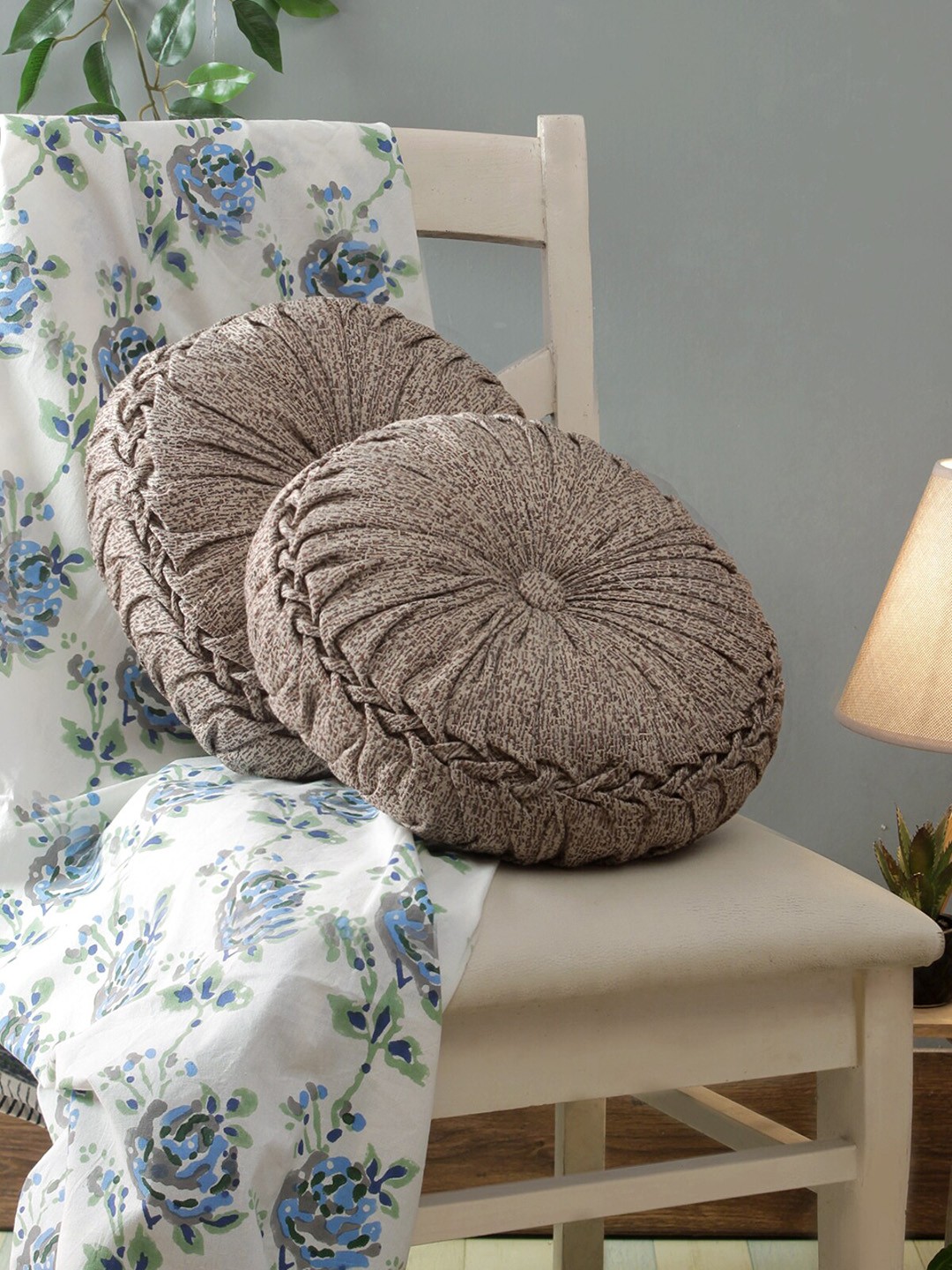

ROMEE Beige & Brown Set Of 2 Microfiber Round Cushions