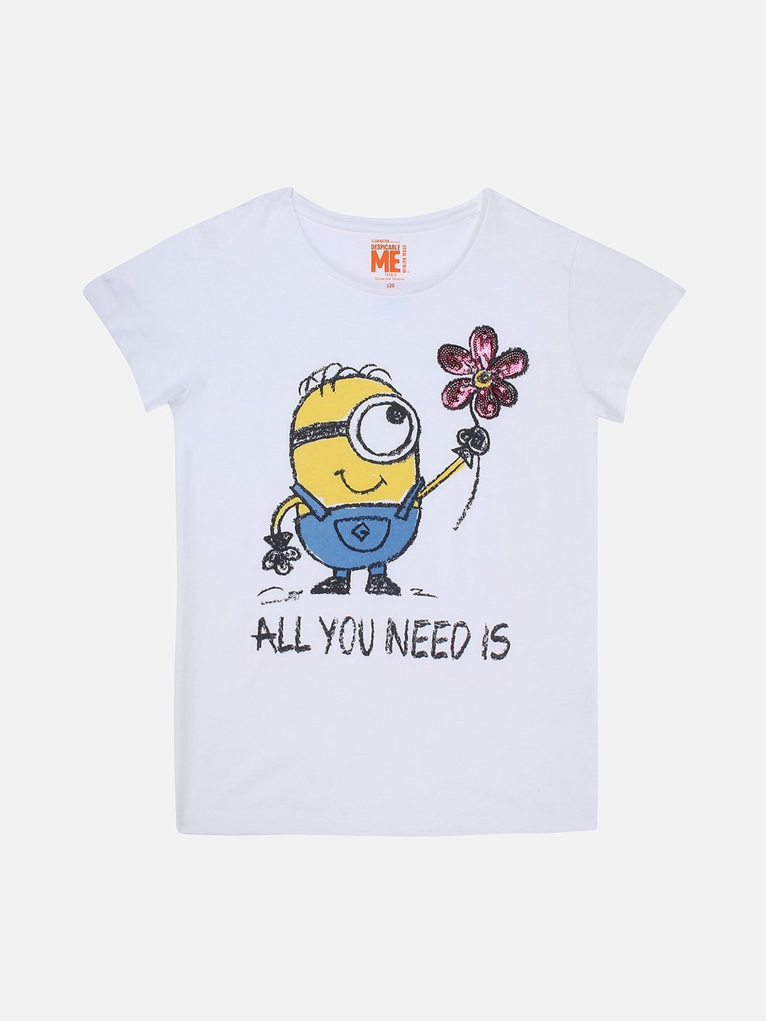 

Kids Ville Girls White Minions Printed Round Neck Pure Cotton T-shirt