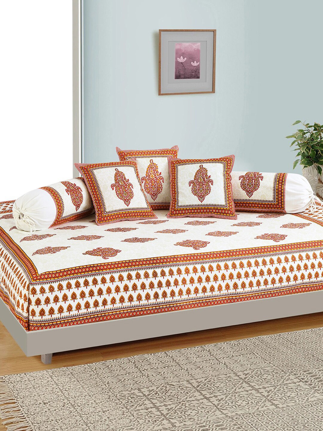 

Salona Bichona Set Of 6 Red & Off- White Ethnic Motifs Printed Cotton Diwan Set