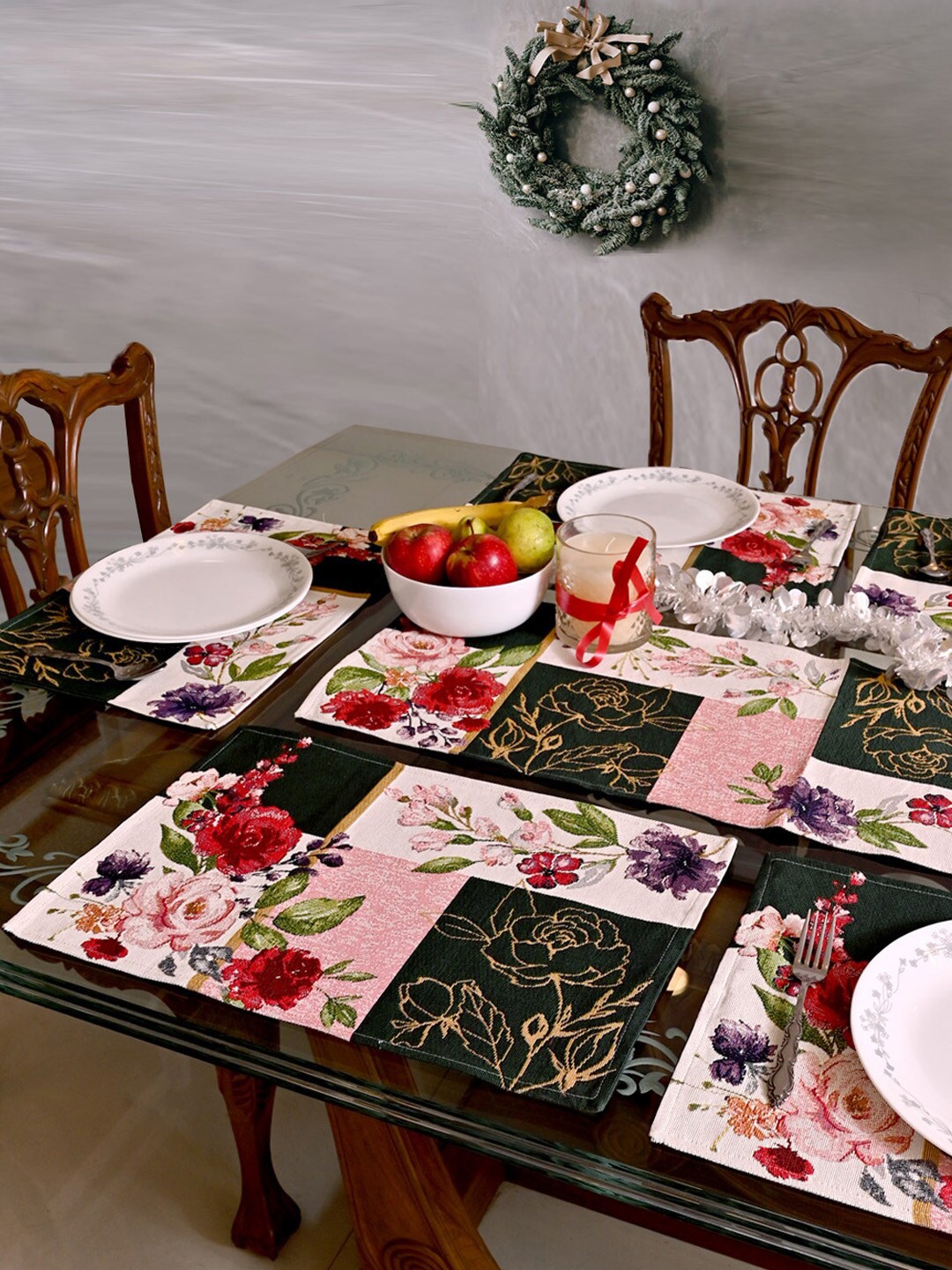 

AVI Living Set Of 6 Floral Jaquard Woven Table Mats & 1 Runner, Pink