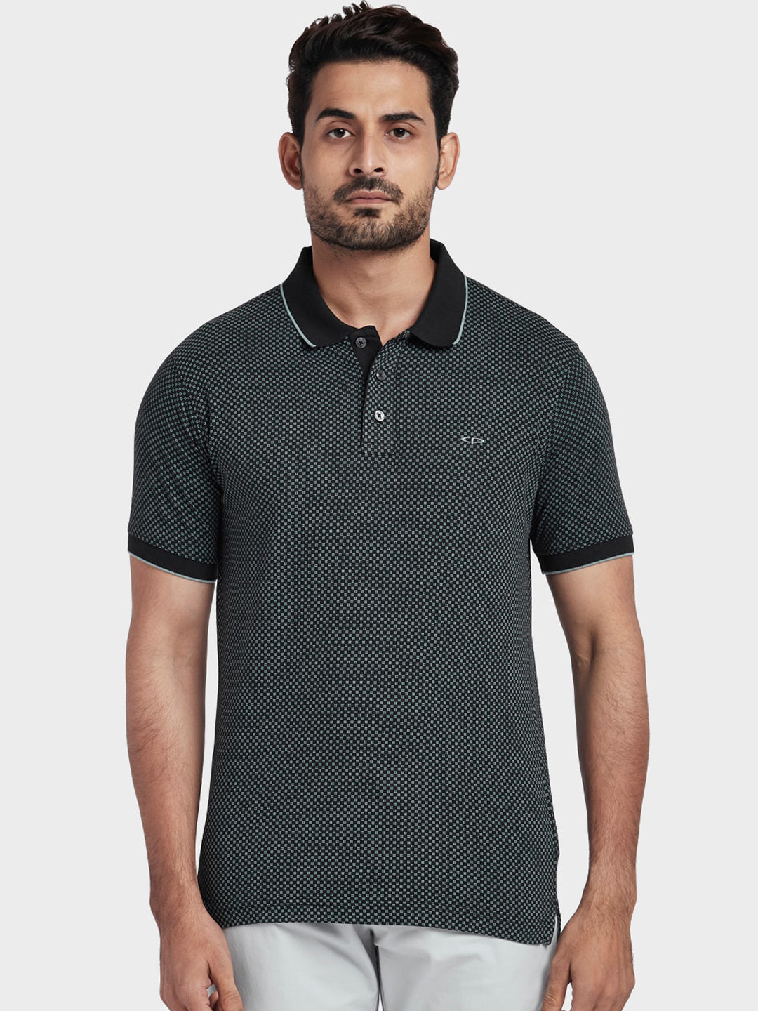 

ColorPlus Men Black Grey Printed Polo Collar Pure Cotton T-shirt