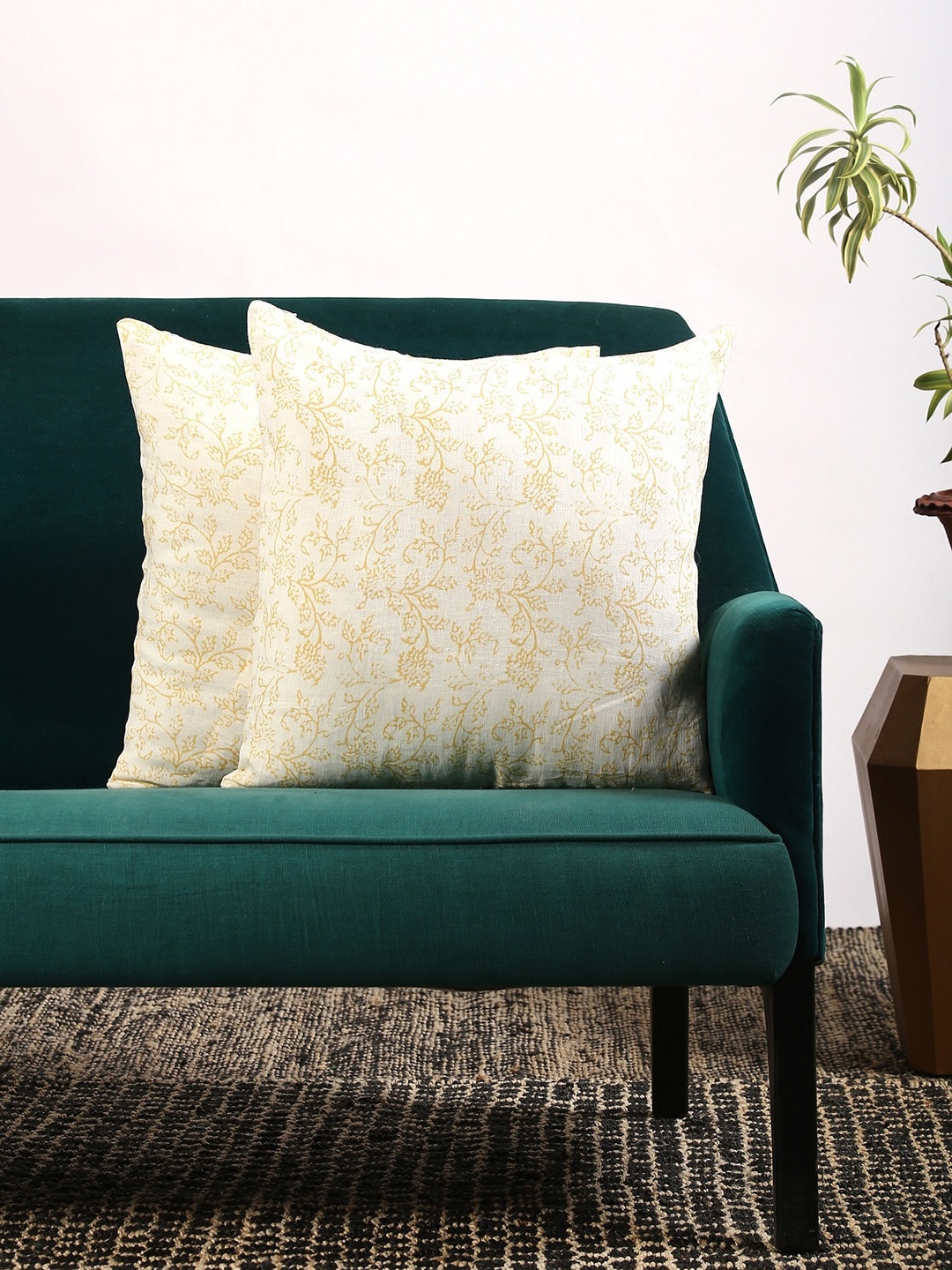 Contrast Living Set of 2 White & Yellow Floral Print Square Cushion Covers