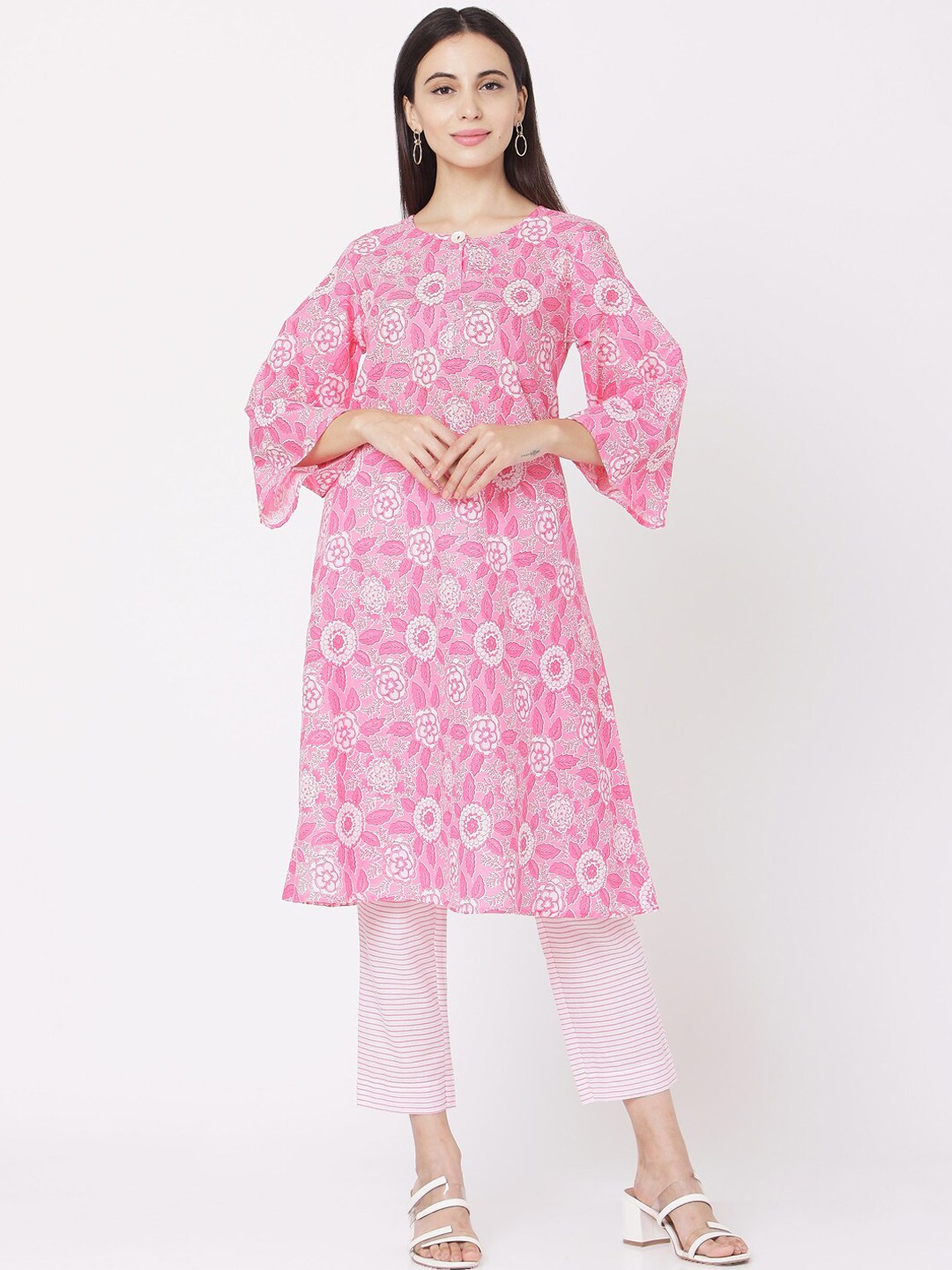 

Saanjh Women Pink & White Printed Kurta with Trousers