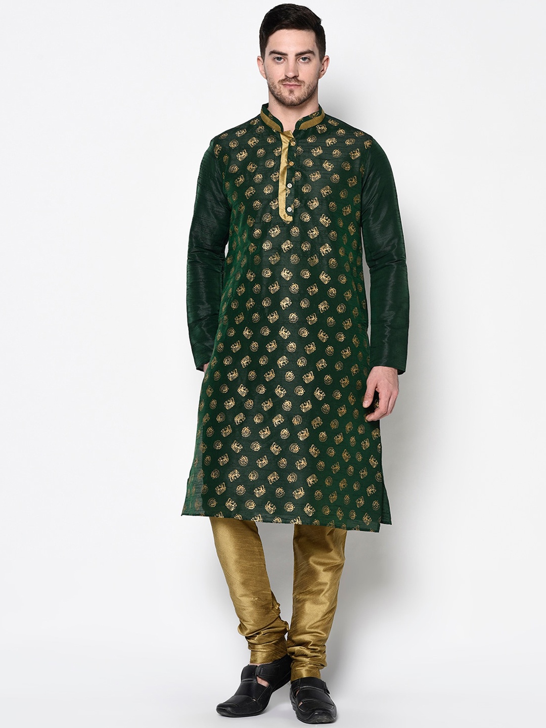 

DEYANN Men Green & Gold-Toned Printed Kurta with Pyjamas