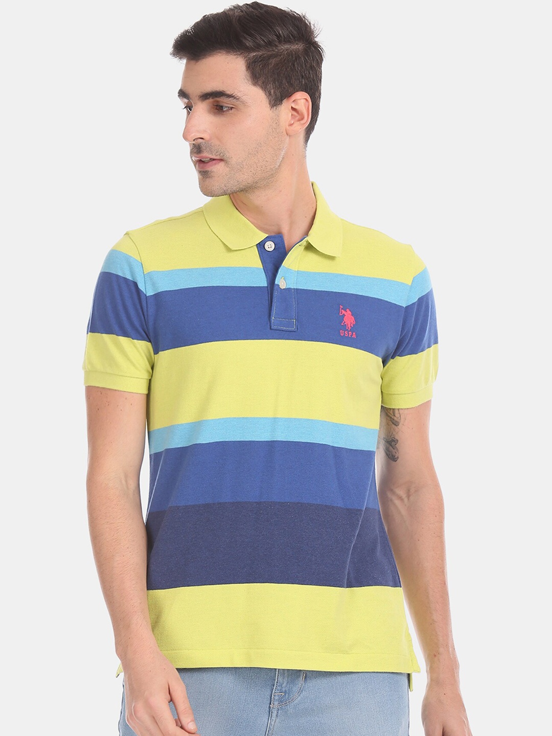 

U.S. Polo Assn. Men Yellow Striped Polo Collar T-shirt