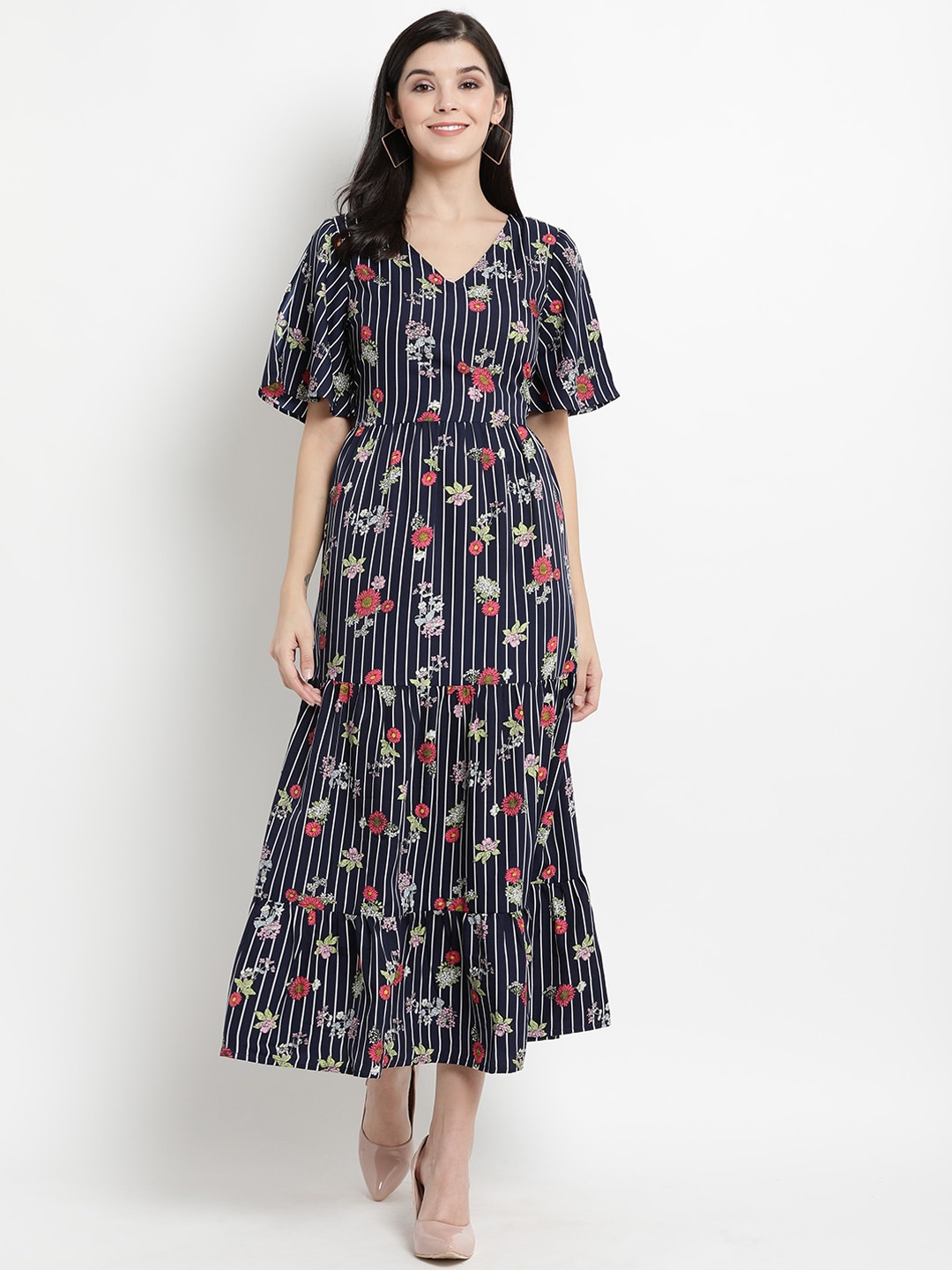 

The Vanca Women Navy Blue & Off-White Floral Printed Fit and Flare Dress