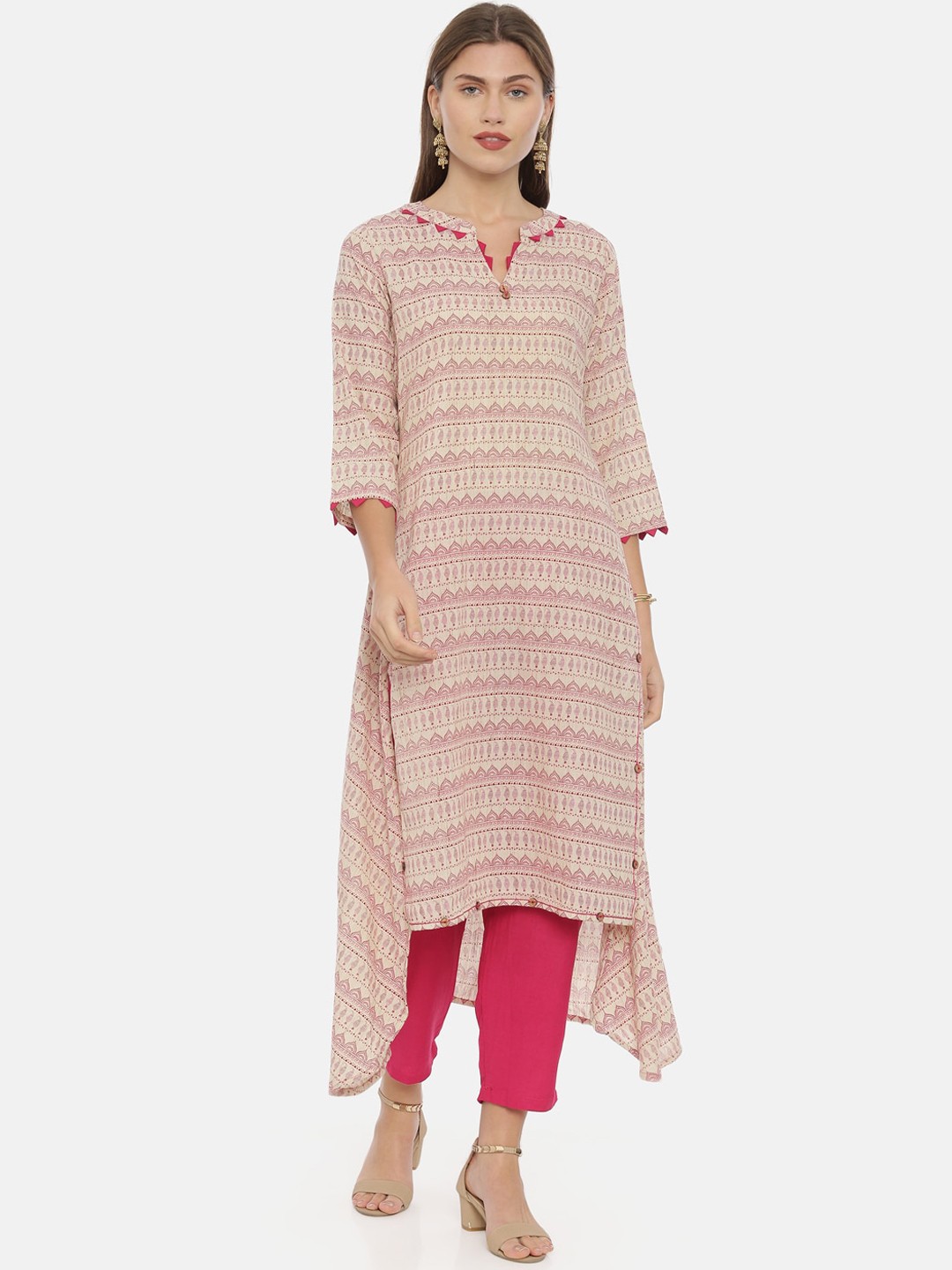 

Neerus Women Beige & Pink Printed A-Line Kurta
