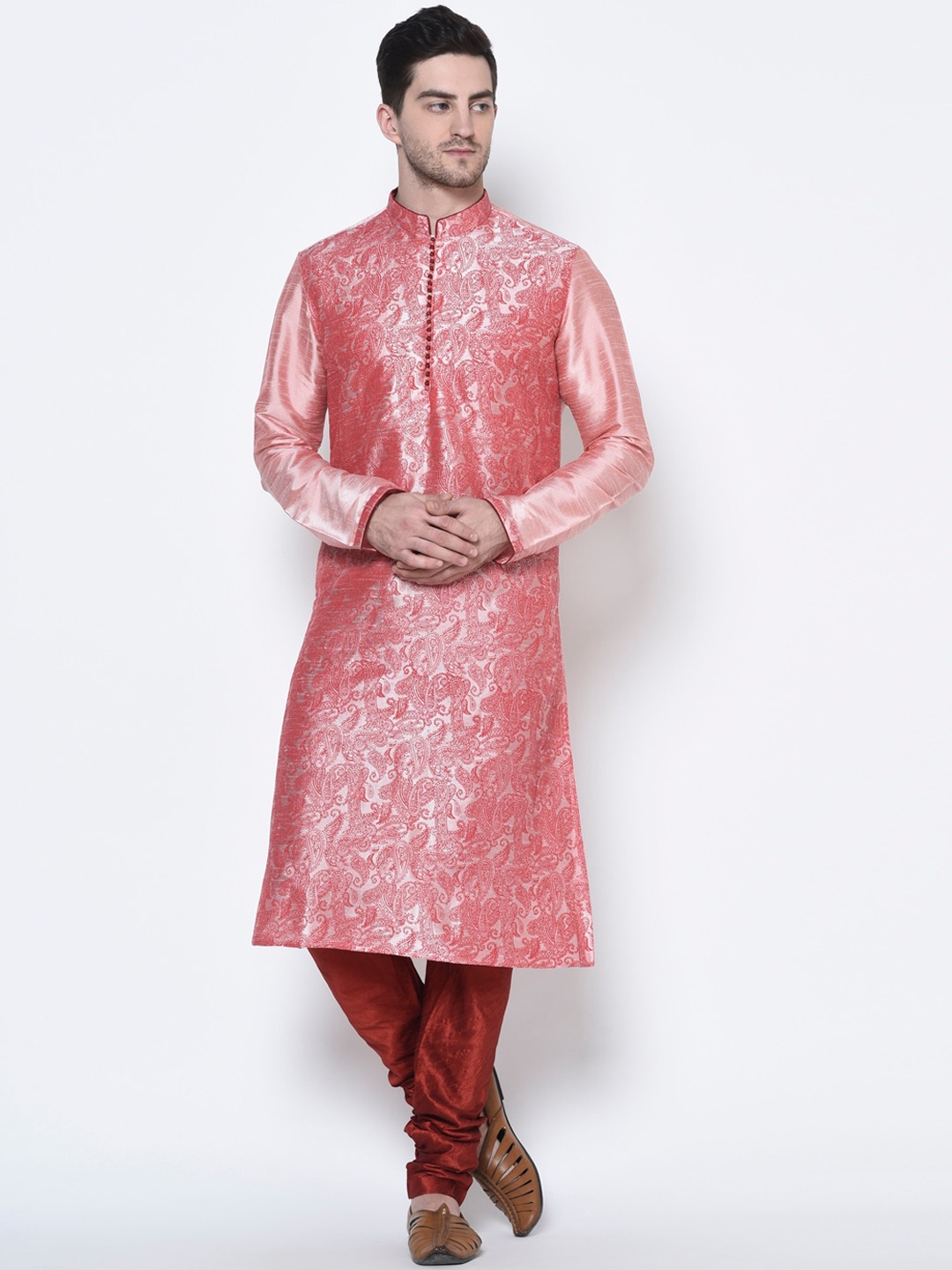 

DEYANN Men Pink & Red Woven Design Kurta with Pyjamas