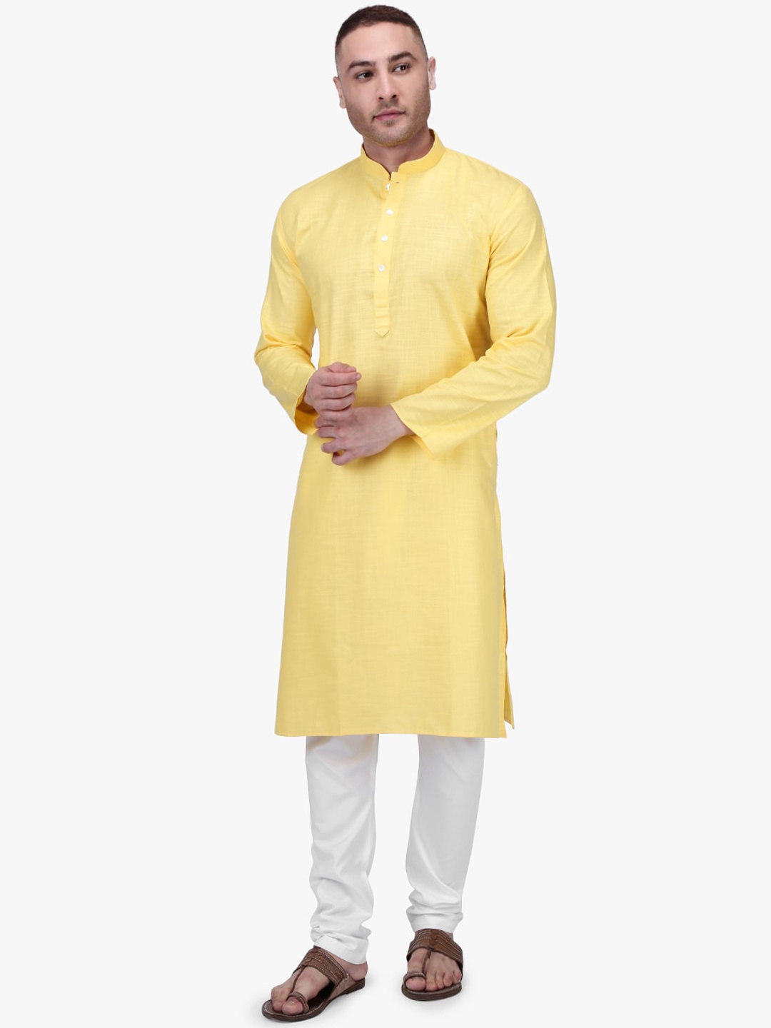 RAJUBHAI HARGOVINDAS Men Yellow & White Solid Kurta with Churidar