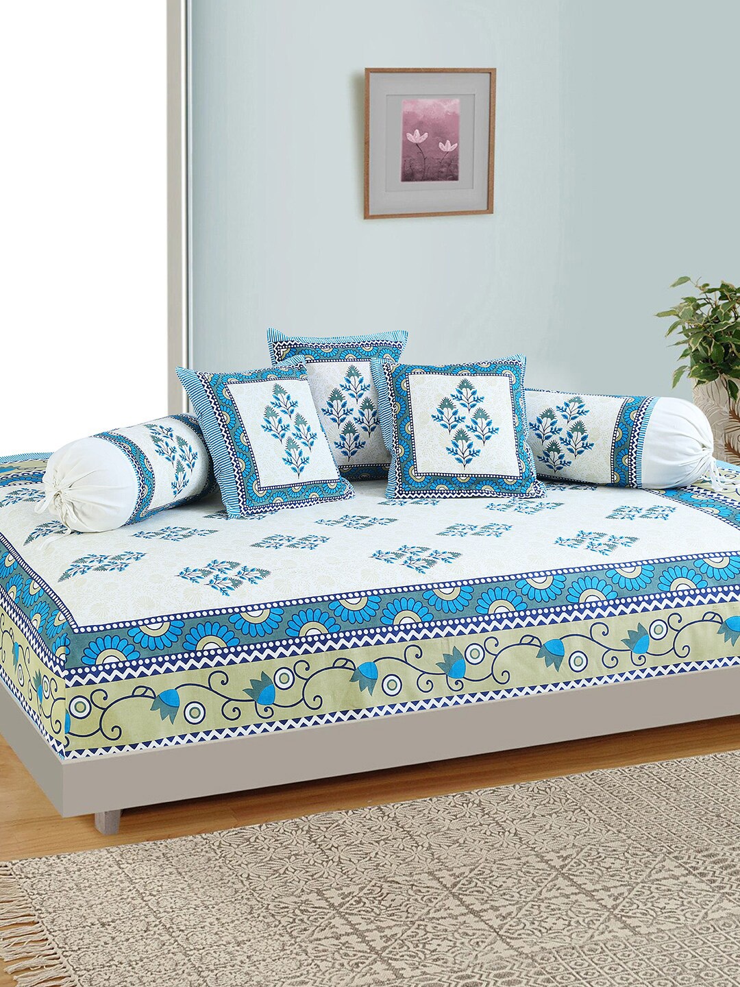 

Salona Bichona Set Of 6 White & Blue Cotton Printed Diwan