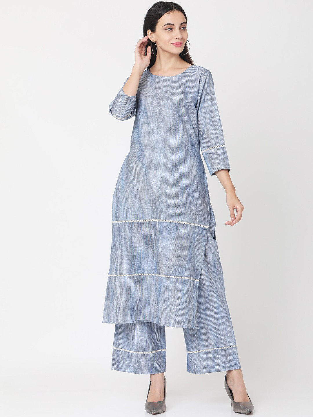 

Saanjh Women Blue & Black Striped Cotton Kurta with Palazzos