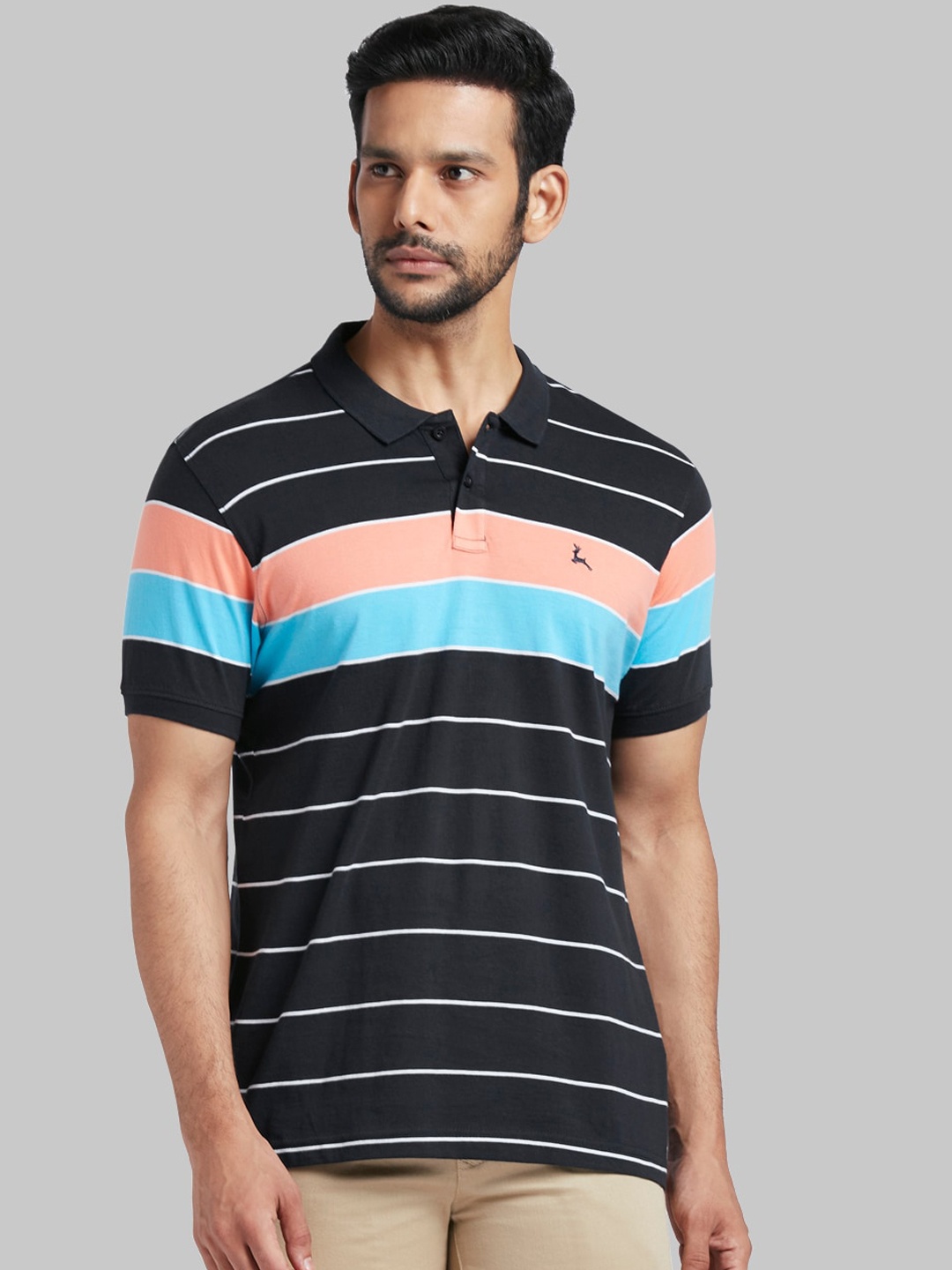 

Parx Men Navy Blue & Off-White Striped Polo Collar T-shirt