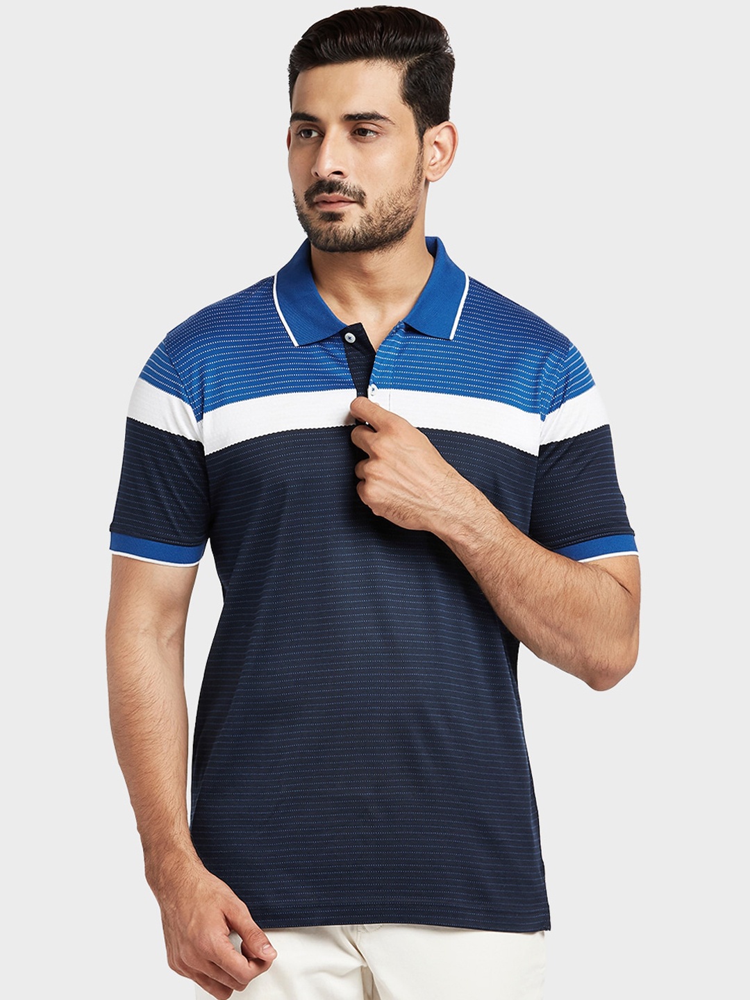 

ColorPlus Men Blue Colourblocked Polo Collar T-shirt