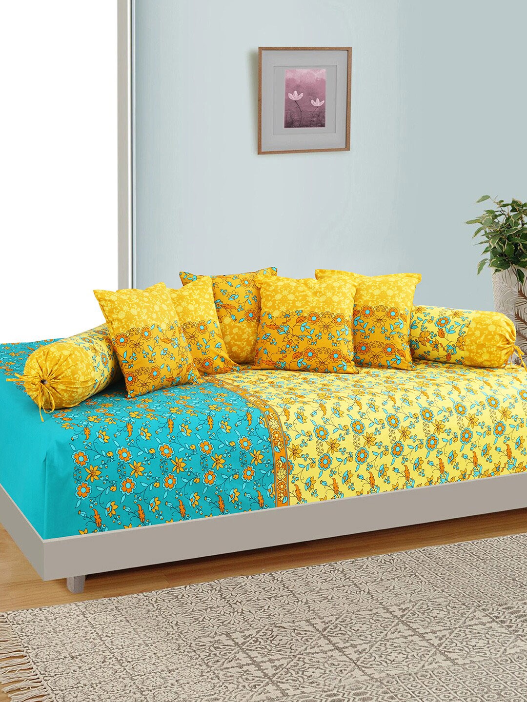 

Salona Bichona Set of 8 Yellow & Turquoise Blue Floral Printed Diwan Set