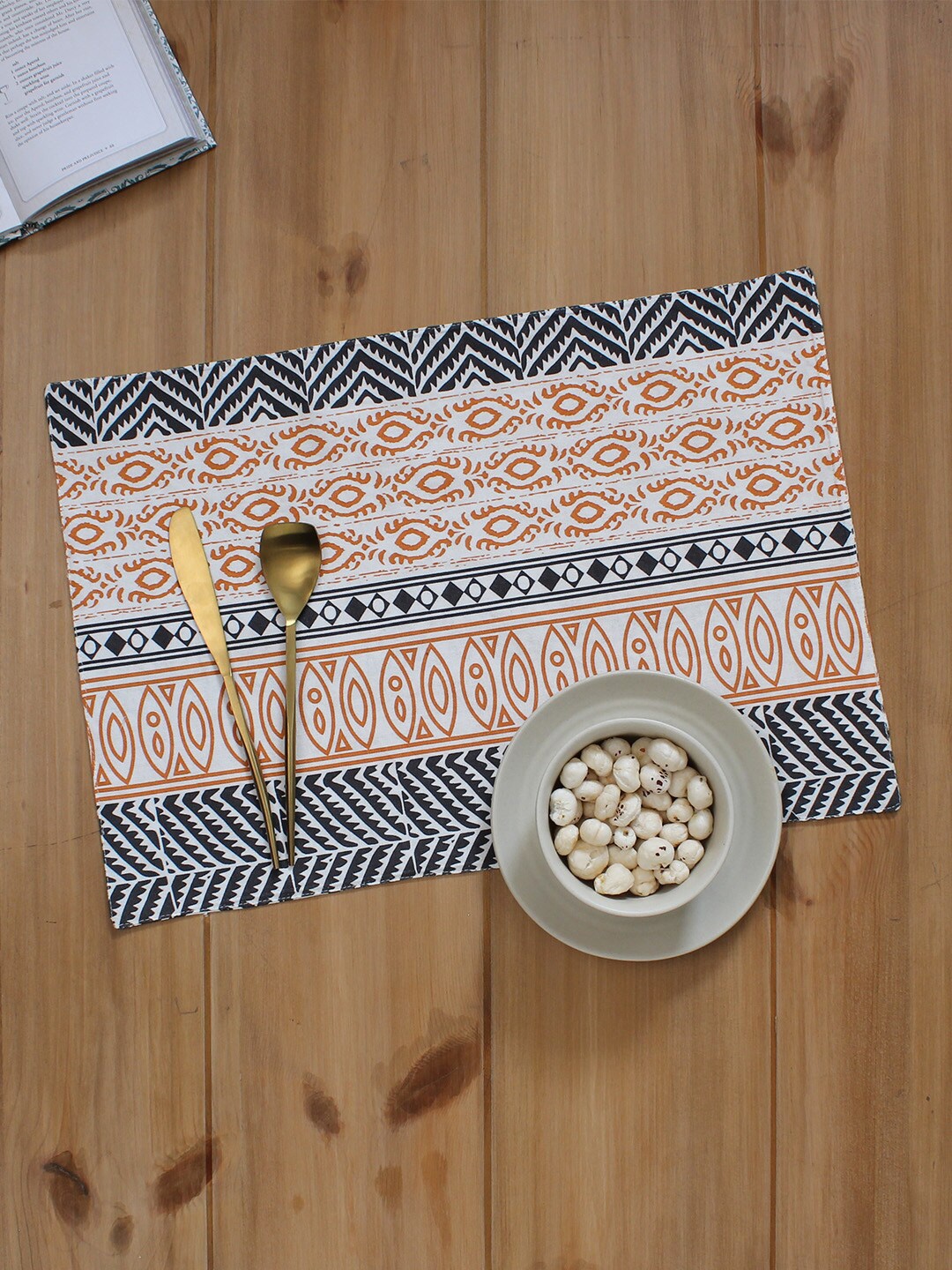 

House This Set Of 4 Orange & Black Printed Rectangular Table Placemats