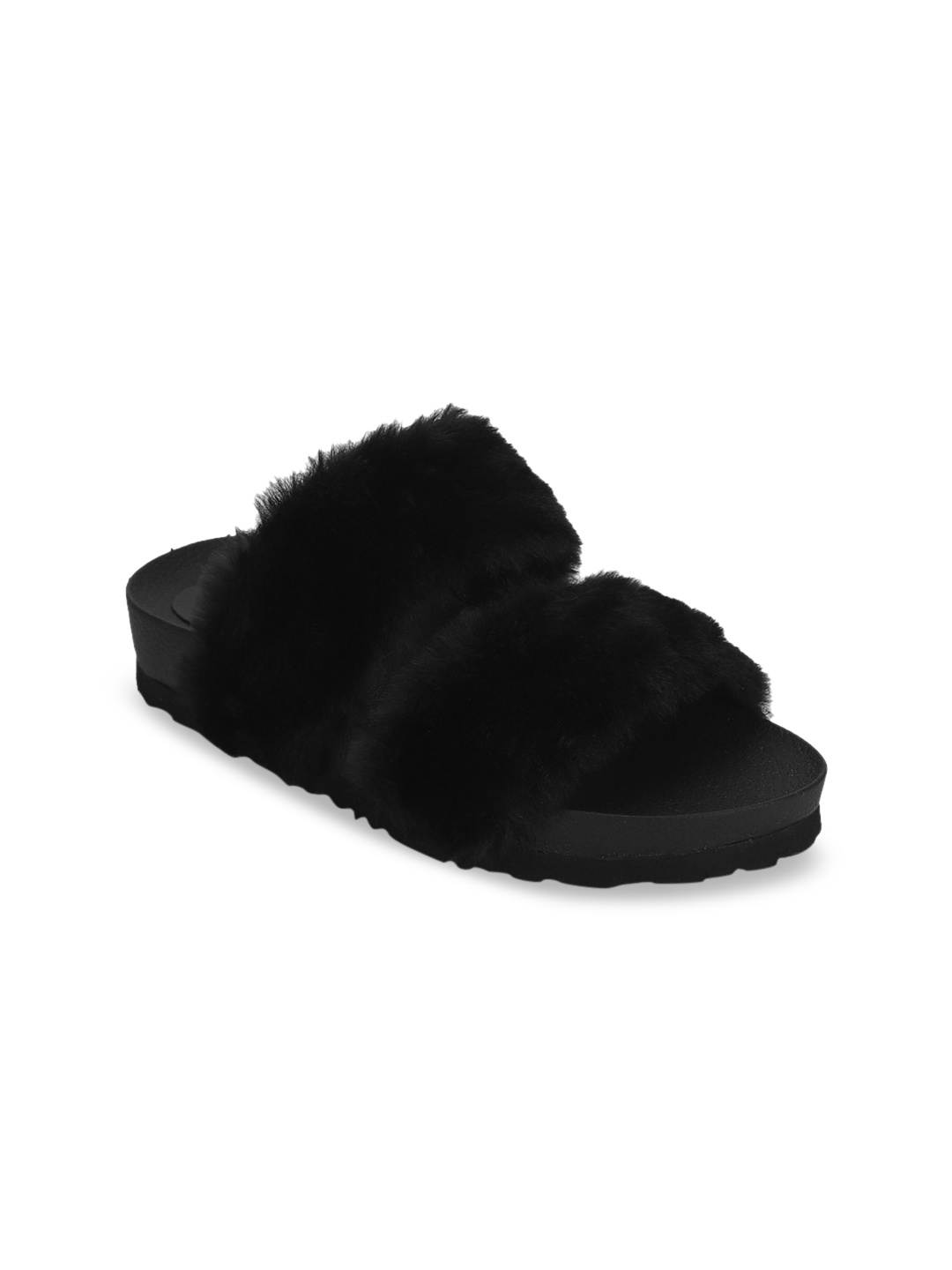

Truffle Collection Women Black Solid Faux Fur Open Toe Flats