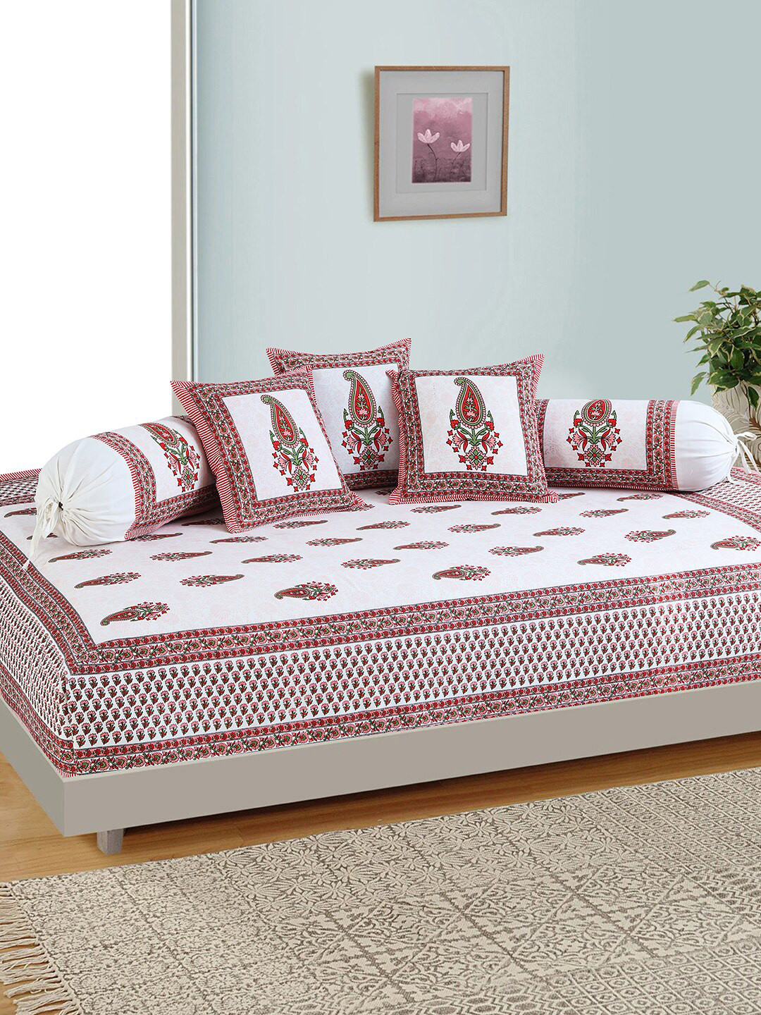 

Salona Bichona Set Of 6 White & Red Printed Diwan