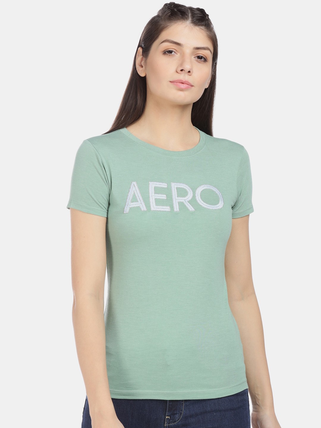 

Aeropostale Women Green Printed Round Neck T-shirt