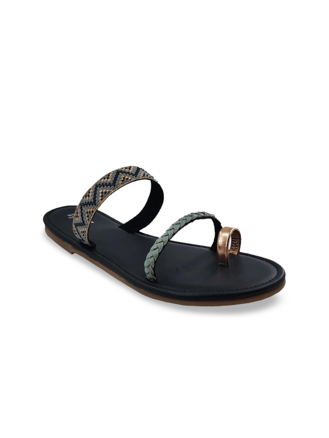 

THE MADRAS TRUNK Women Black Woven Design Leather Open Toe Flats