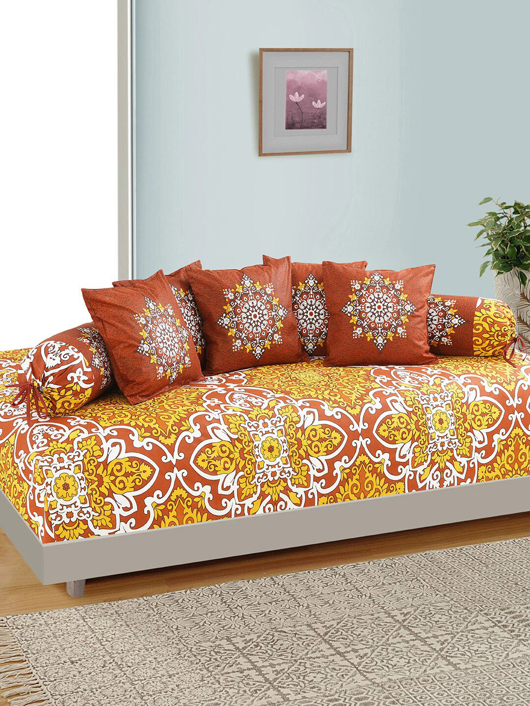 

Salona Bichona Set Of 8 Yellow Printed Cotton Diwan